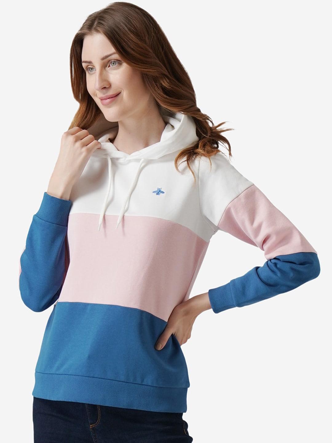 mode by red tape women off-white & pink colourblocked hooded sweatshirt