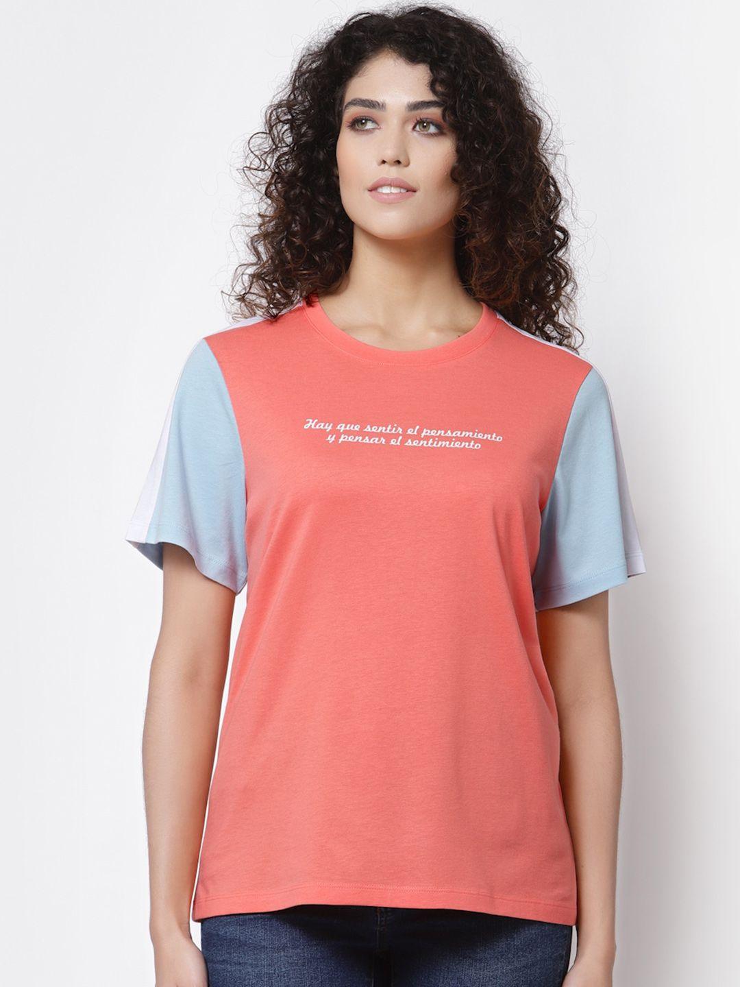 mode by red tape women peach-coloured colourblocked pure cotton regular fit t-shirt