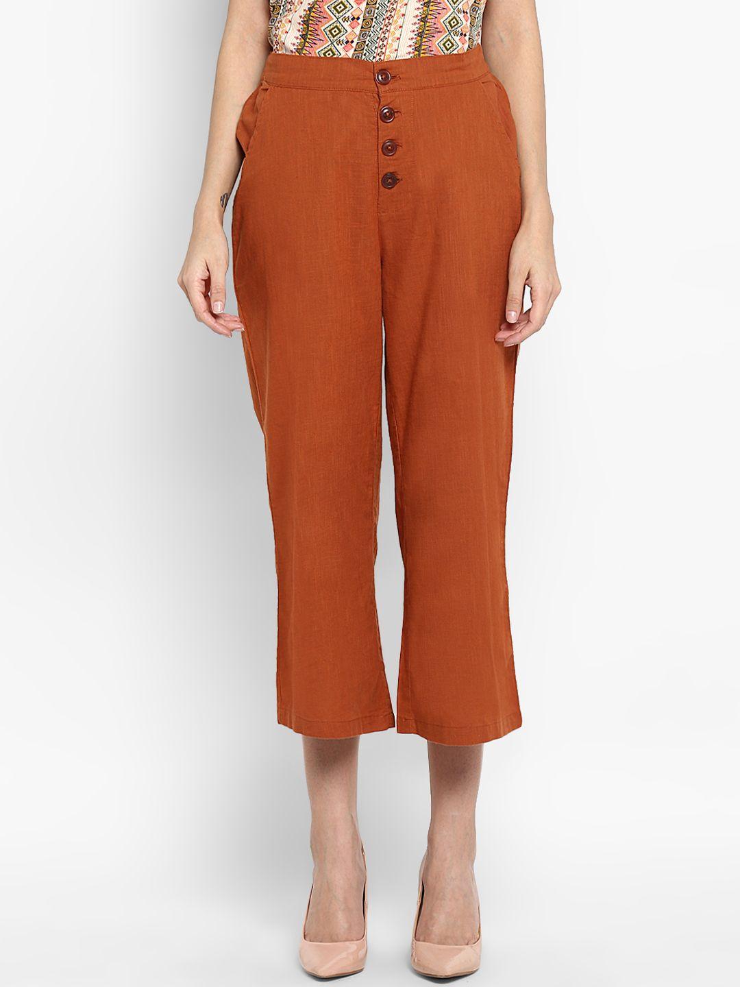 mode by red tape women rust regular fit solid parallel trousers
