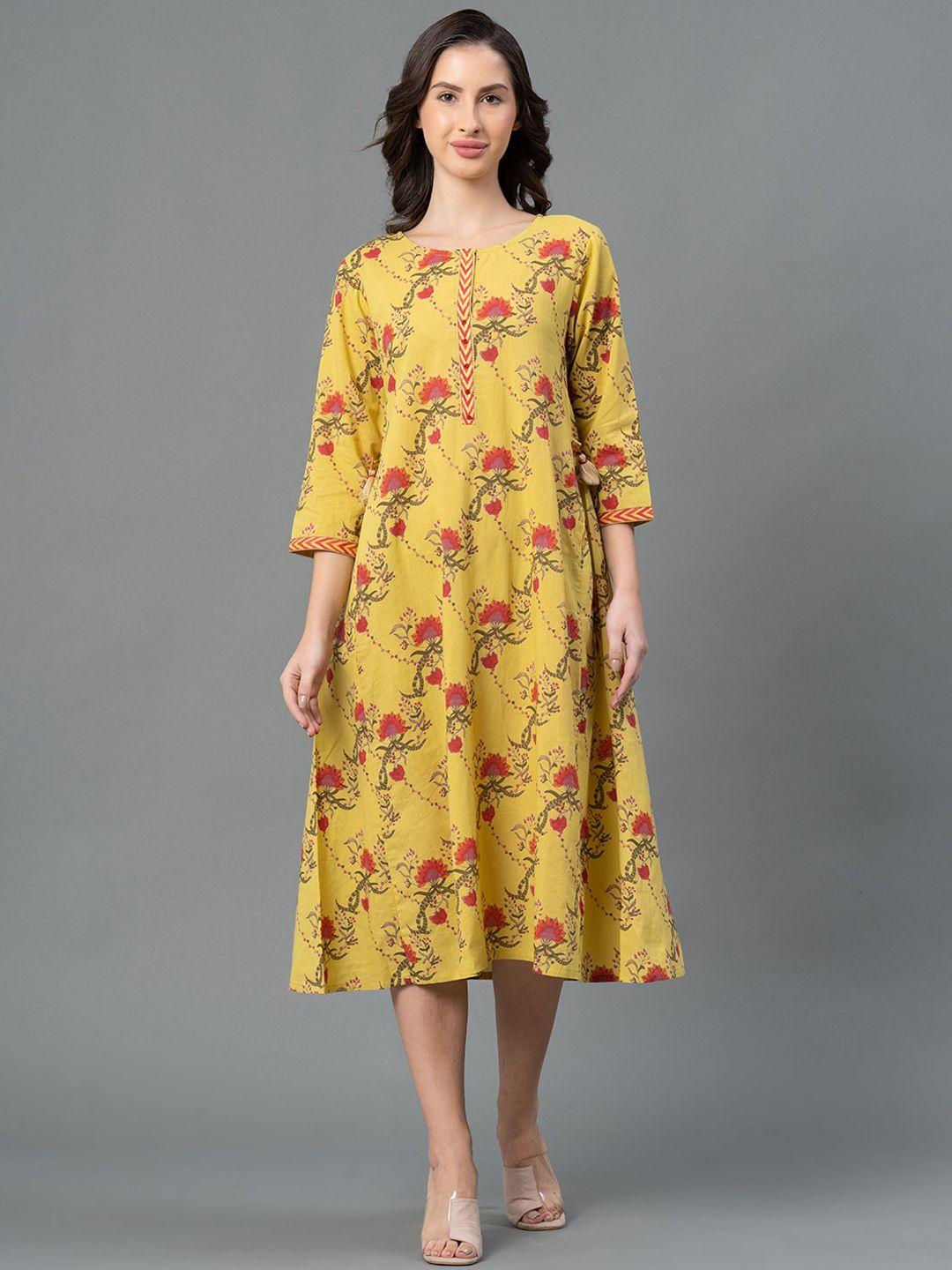 mode by red tape floral printed round neck cotton a-line ethnic dress