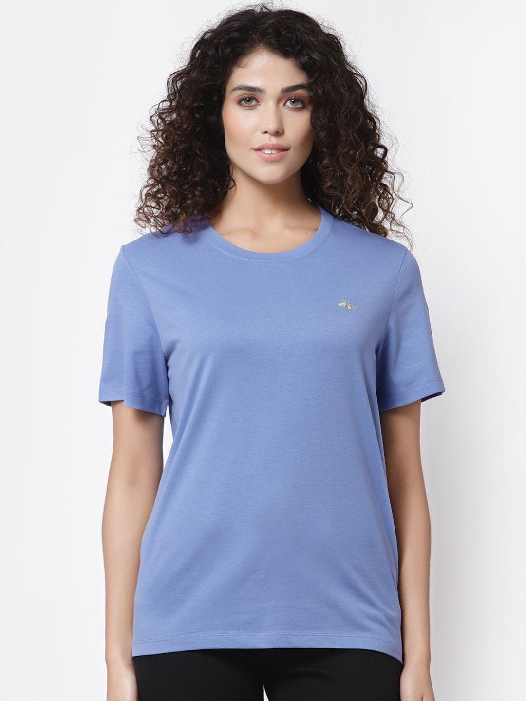 mode by red tape women blue solid pure cotton t-shirt