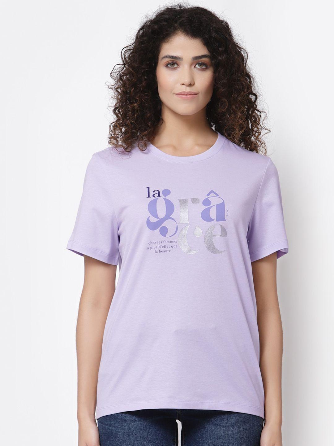 mode by red tape women lavender typography printed pure cotton t-shirt