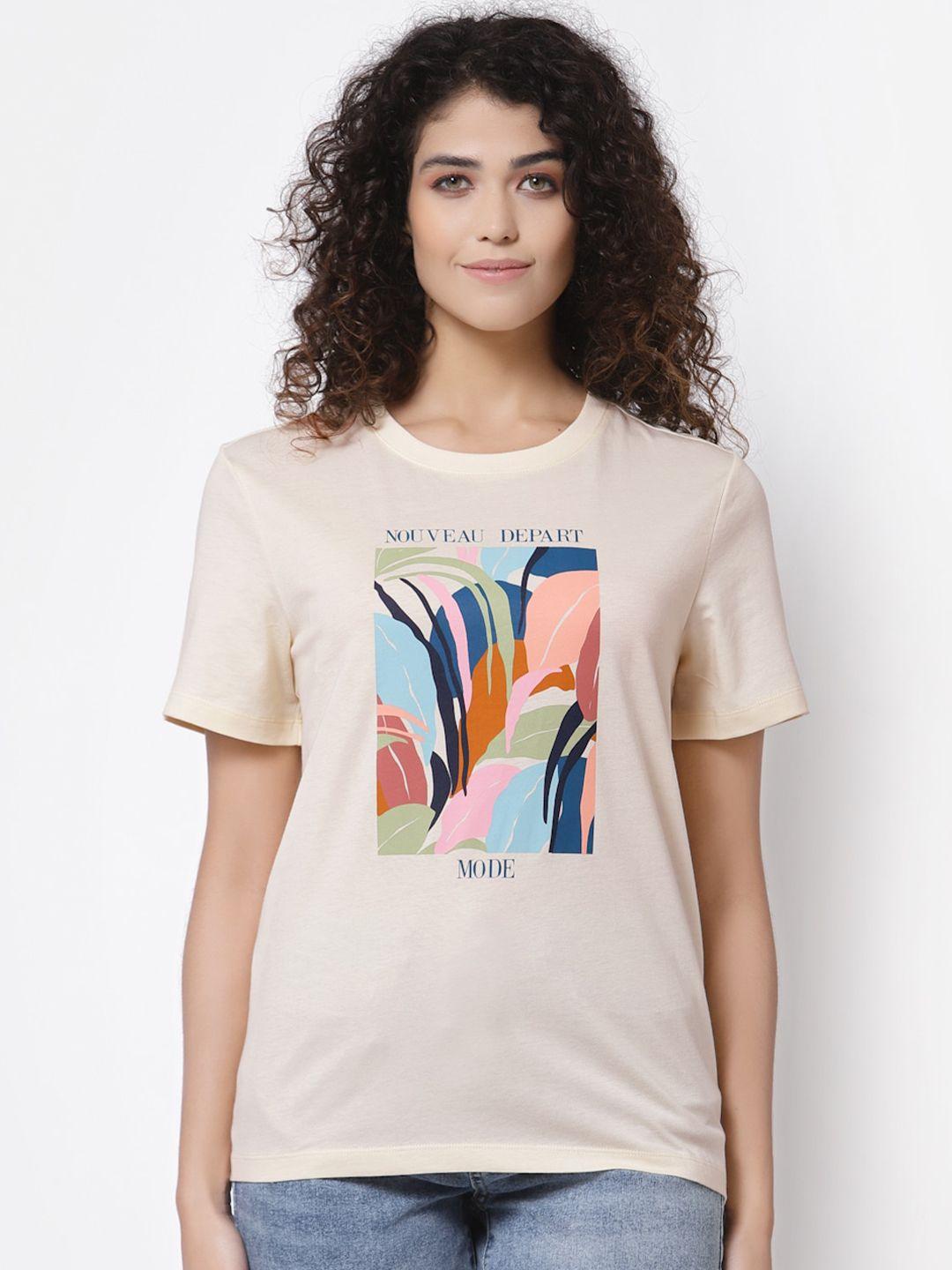 mode by red tape women off white printed pure cotton t-shirt