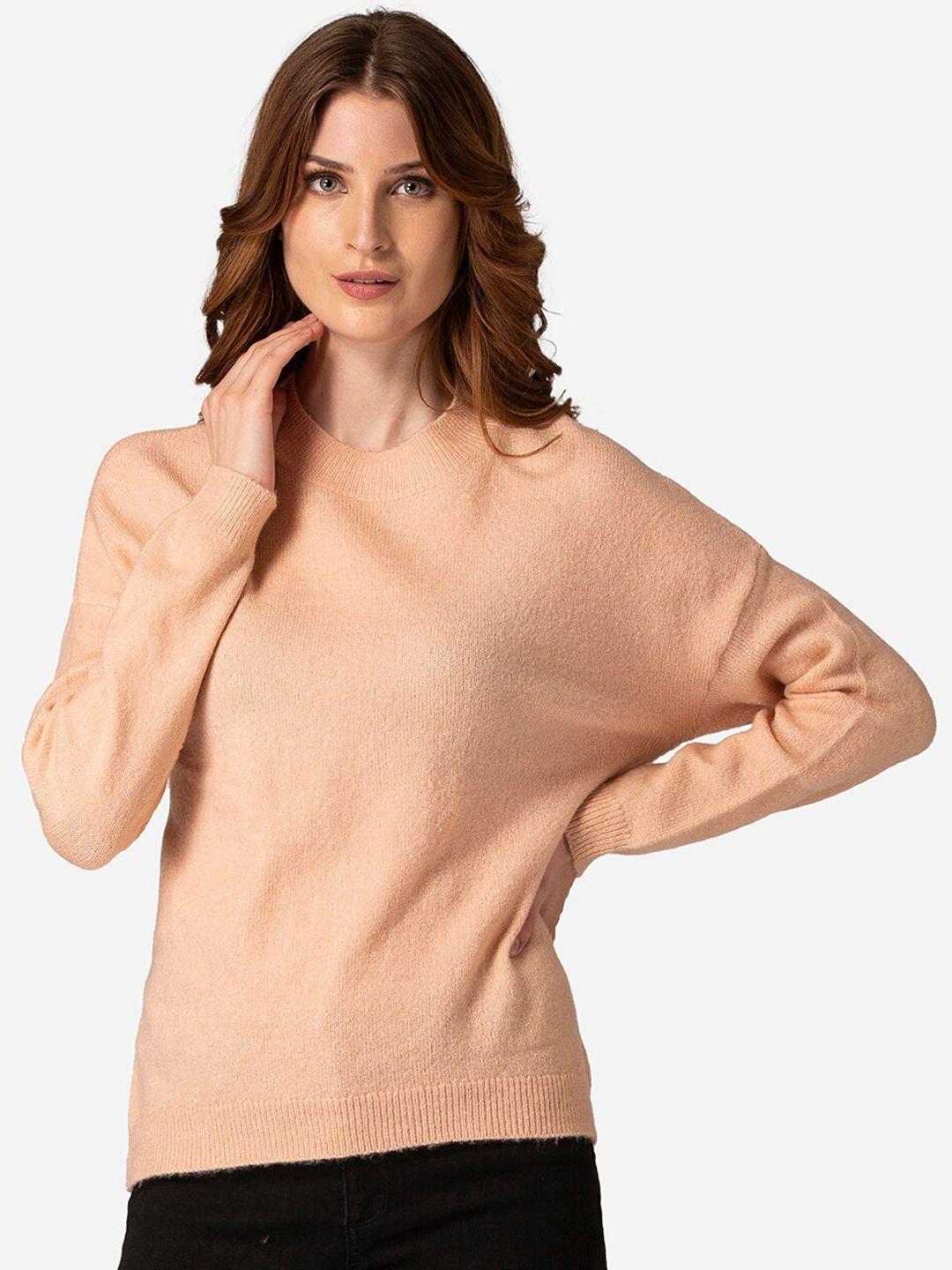mode by red tape women peach-coloured solid pullover sweater
