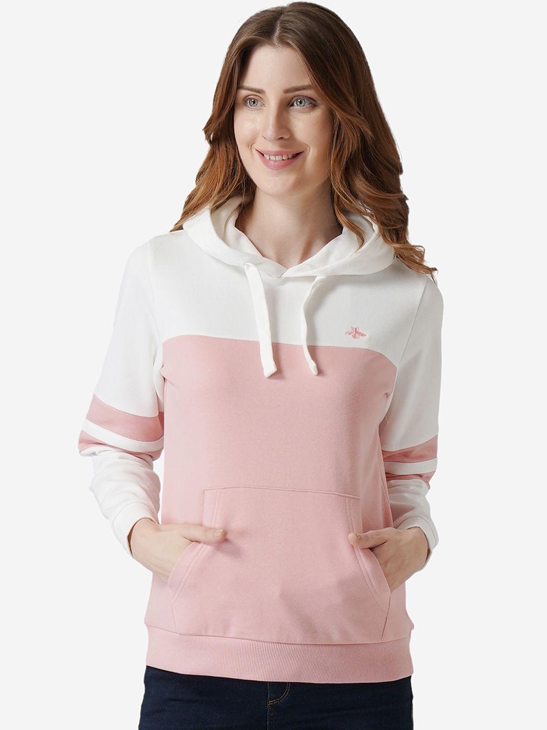 mode by red tape women pink & white colourblocked hooded sweatshirt