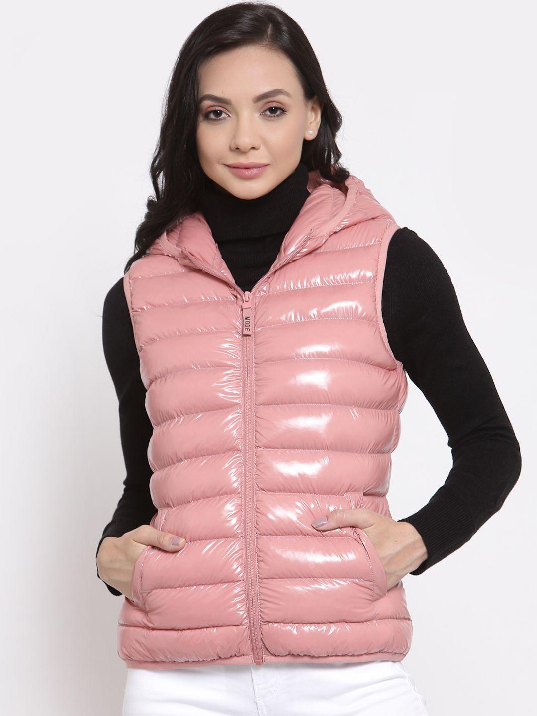 mode by red tape women pink solid hooded puffer jacket