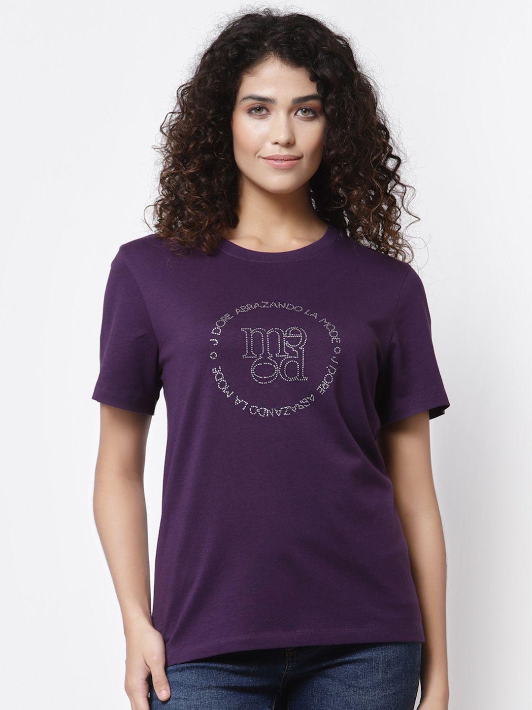 mode by red tape women purple embellished pure cotton t-shirt