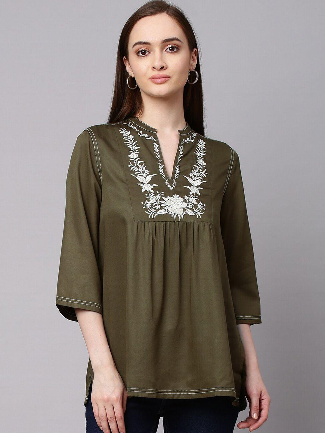 modern-indian-by-chemistry-women-olive-green-tunic-with-floral-embroidery