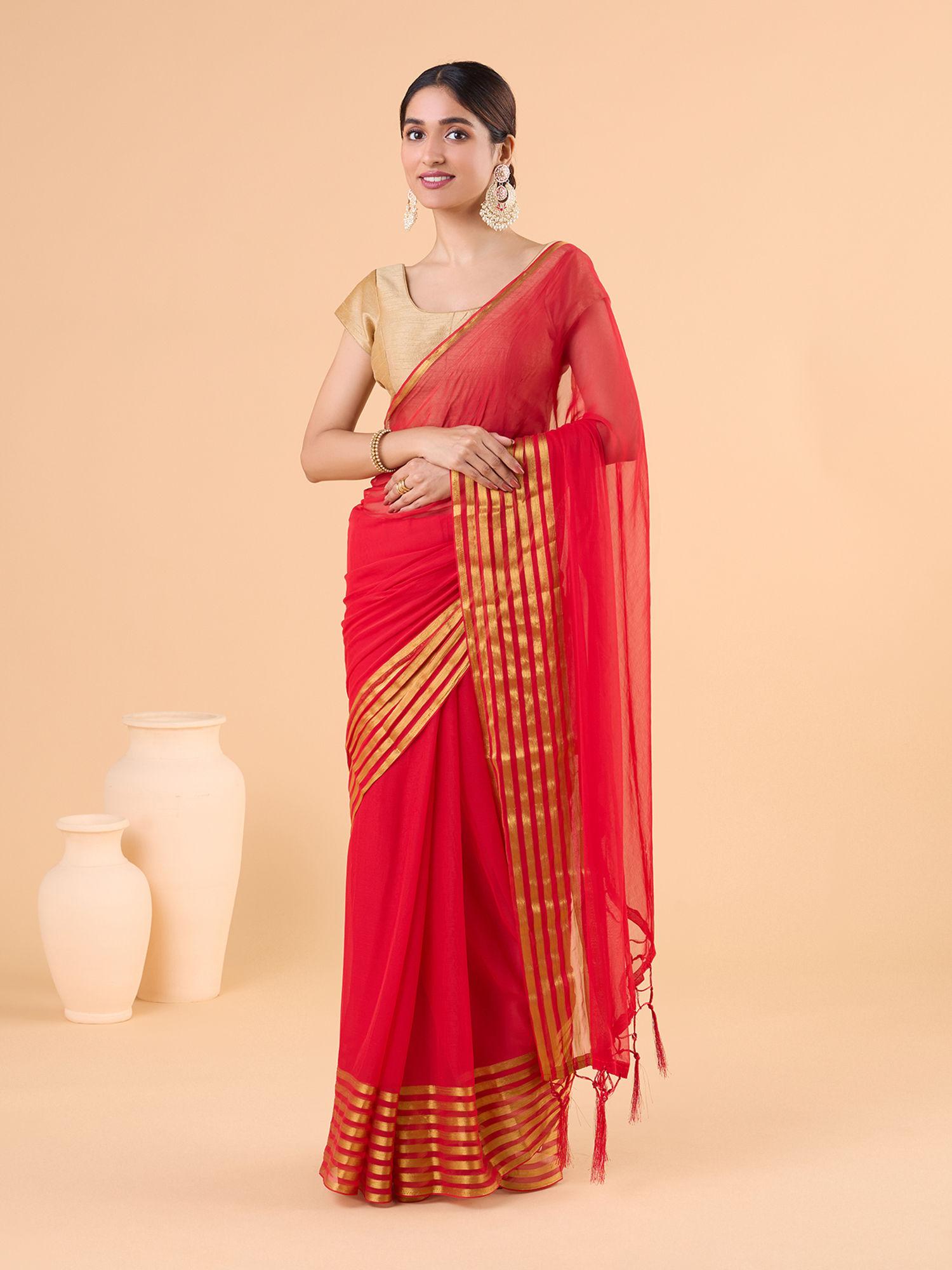 modern banarasi chiffon with stripes border & tassels red saree with unstitched blouse