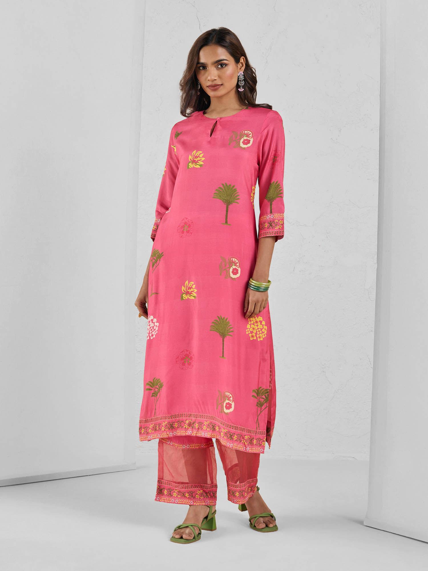 modern chintz pink muslin digital printed kurta and pant likmcks05 (set of 2)