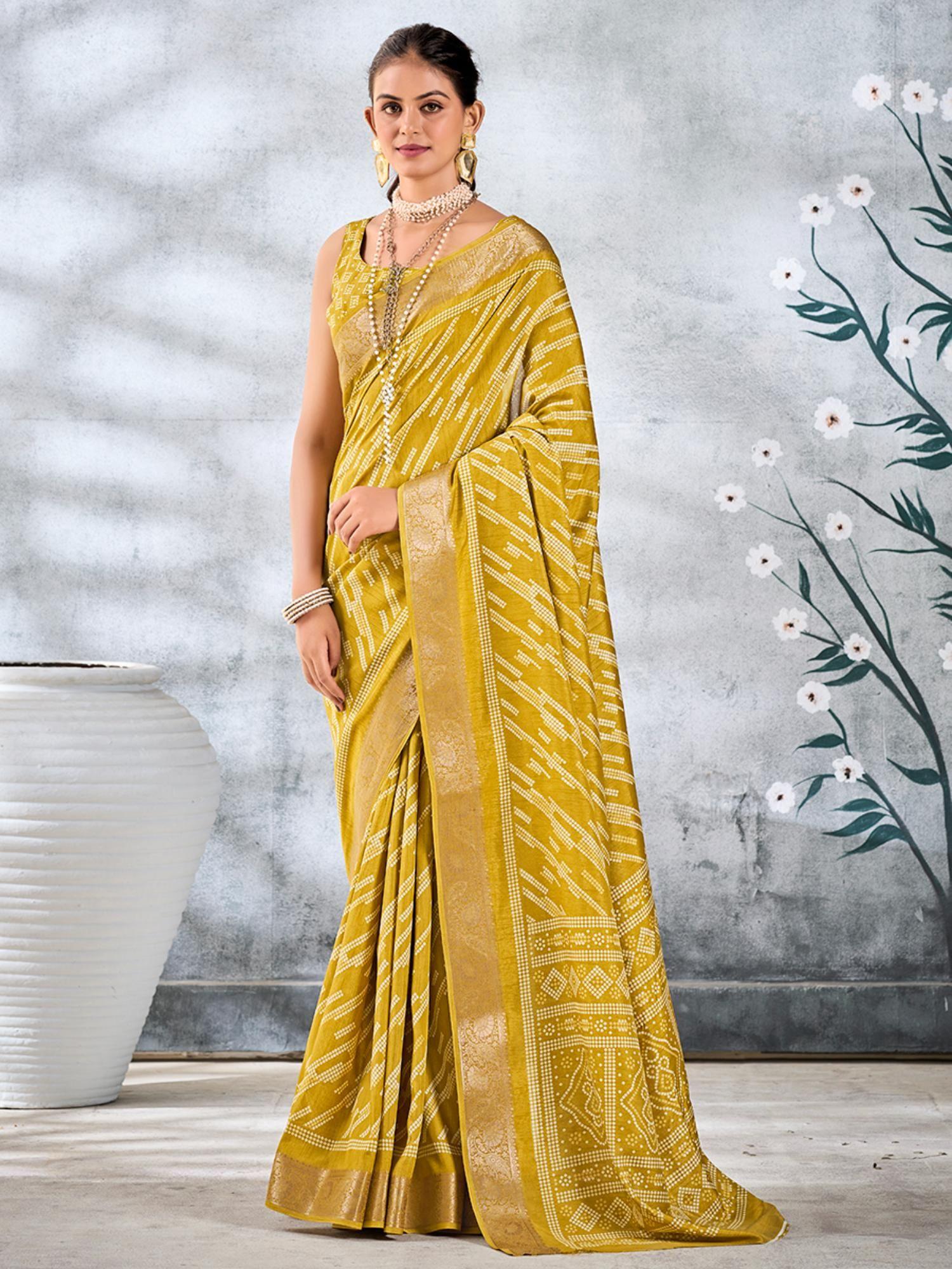 modern contrast overall printed with zari border raw silk yellow saree & unstitched blouse