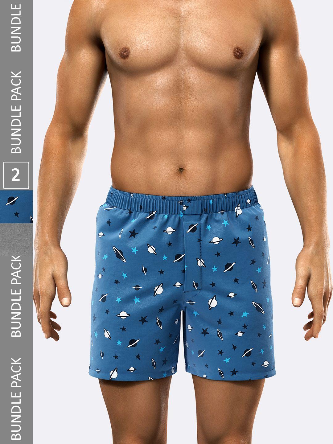 modern crew men blue & grey pack of 2 pure cotton printed boxers