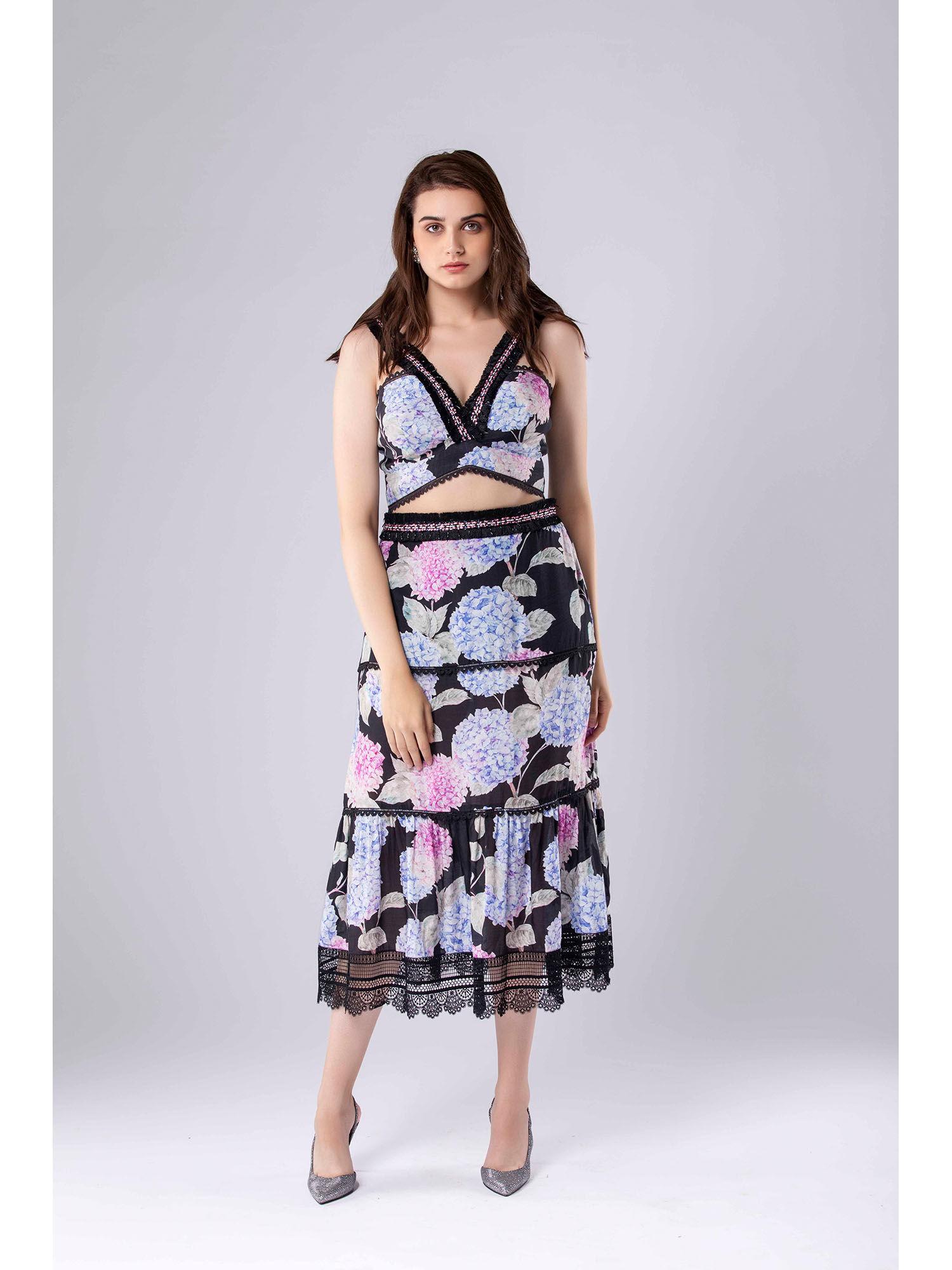 modern day deliha floral print crop top with fitted tiered skirt (set of 2)