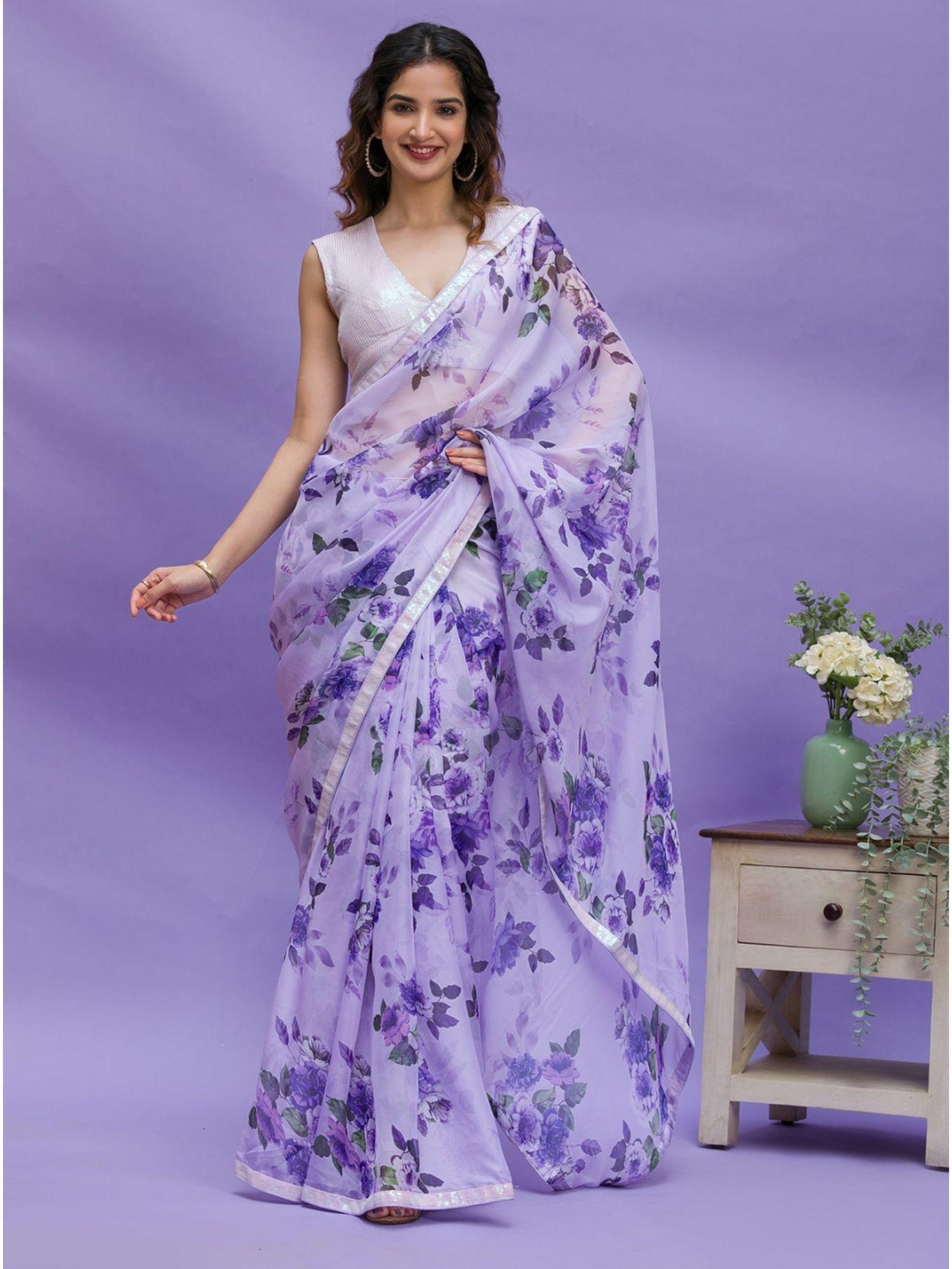 modern floral digital printed with border georgette purple saree & unstitched blouse