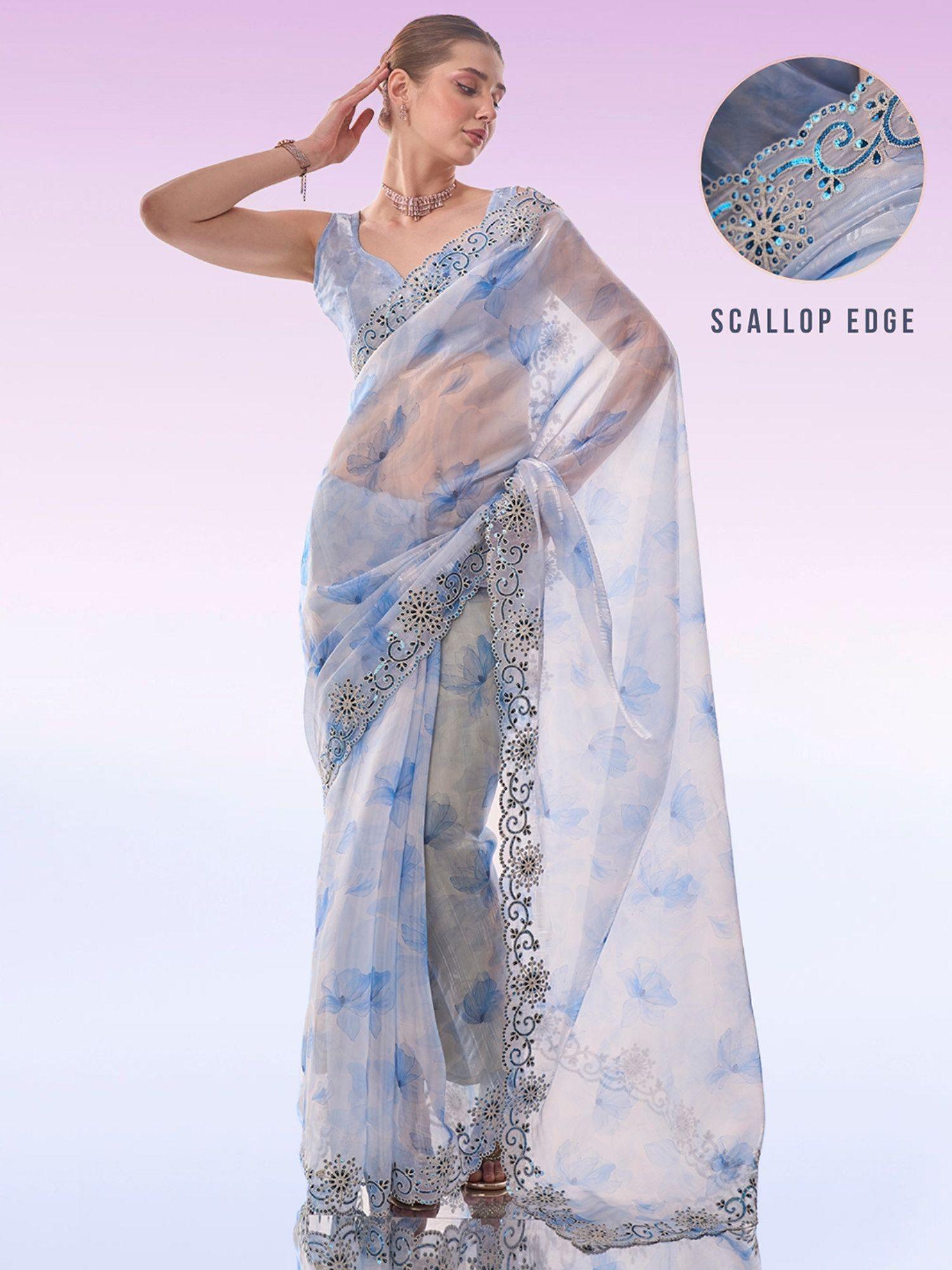 modern floral embroidered & sequined scallop border tissue organza blue saree & blouse pc