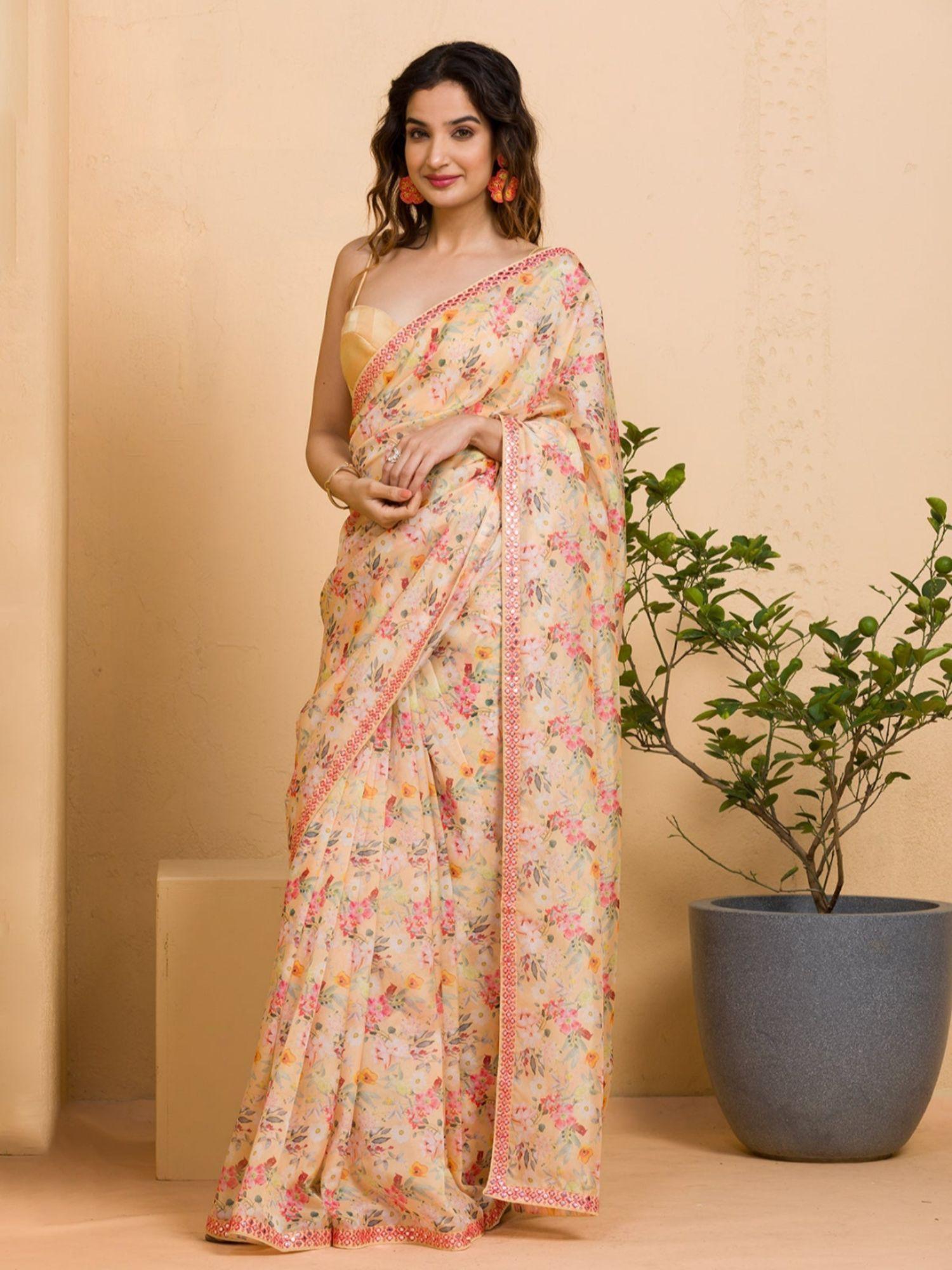 modern floral with sequinned border chinon beige saree & unstitched blouse