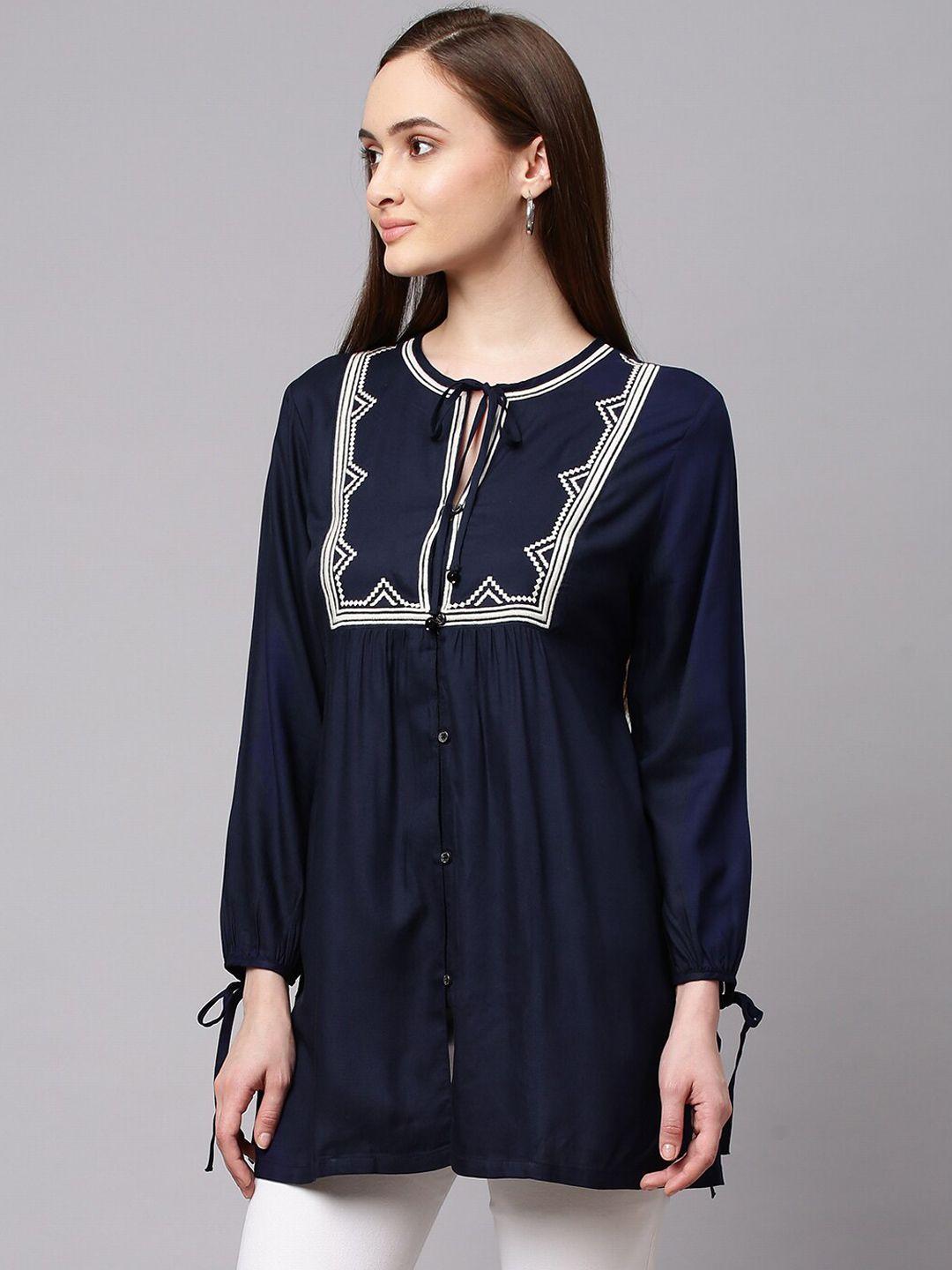 modern indian by chemistry navy blue & white yoke embroidered pleated straight kurti