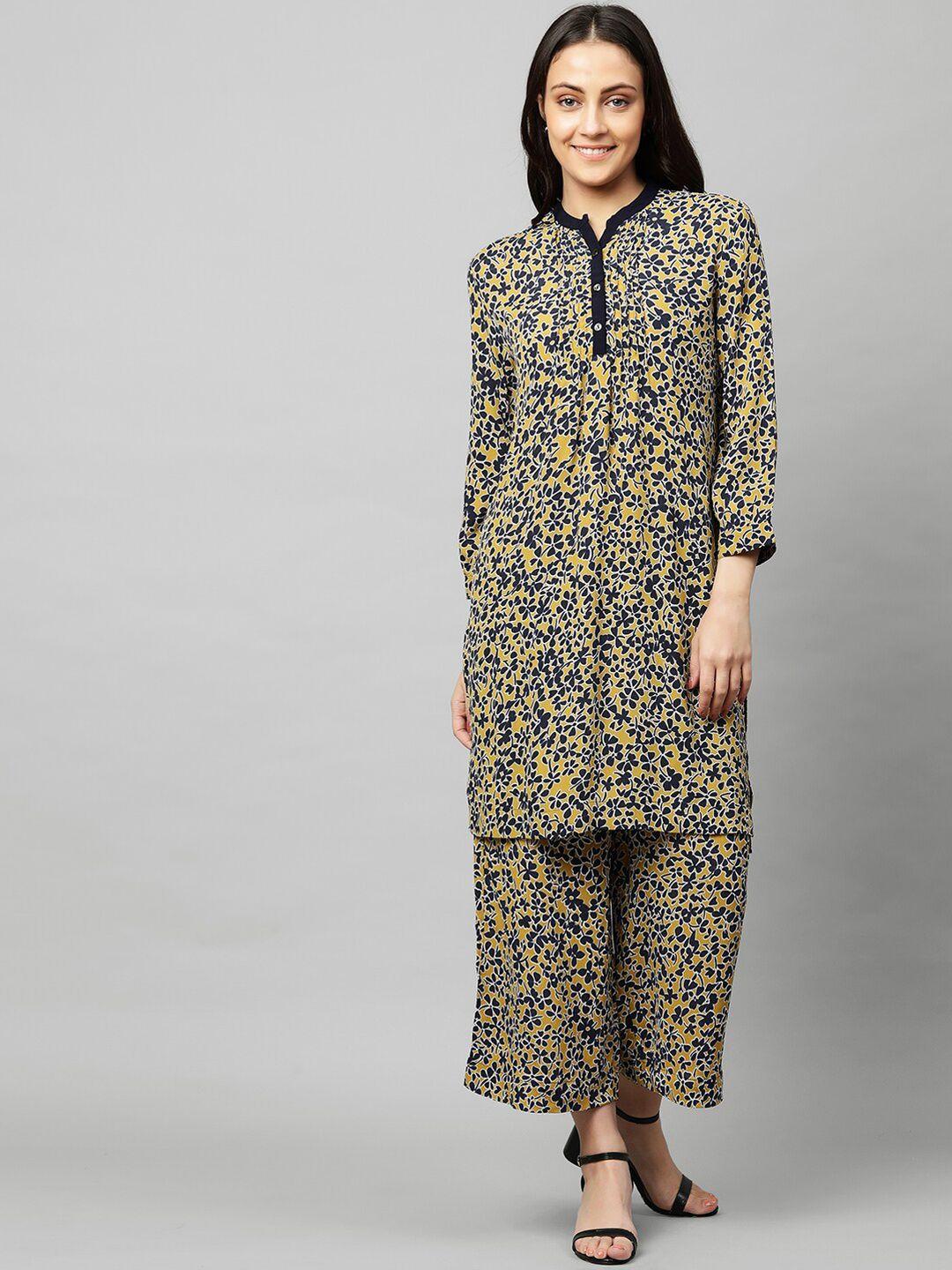 modern indian by chemistry women mustard yellow floral printed regular kurta with palazzos