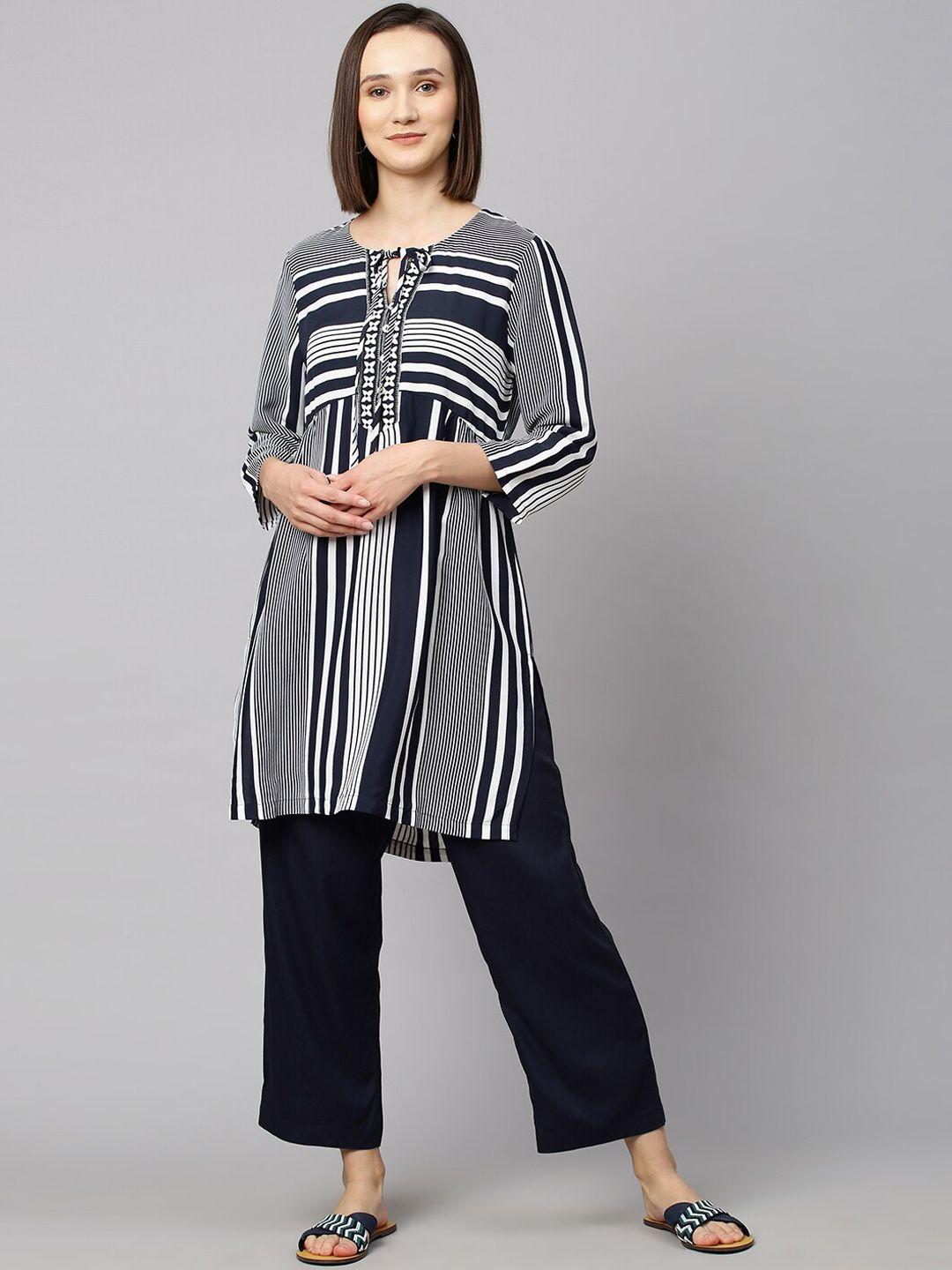 modern indian by chemistry women navy blue & white striped thread work kurta with palazzos