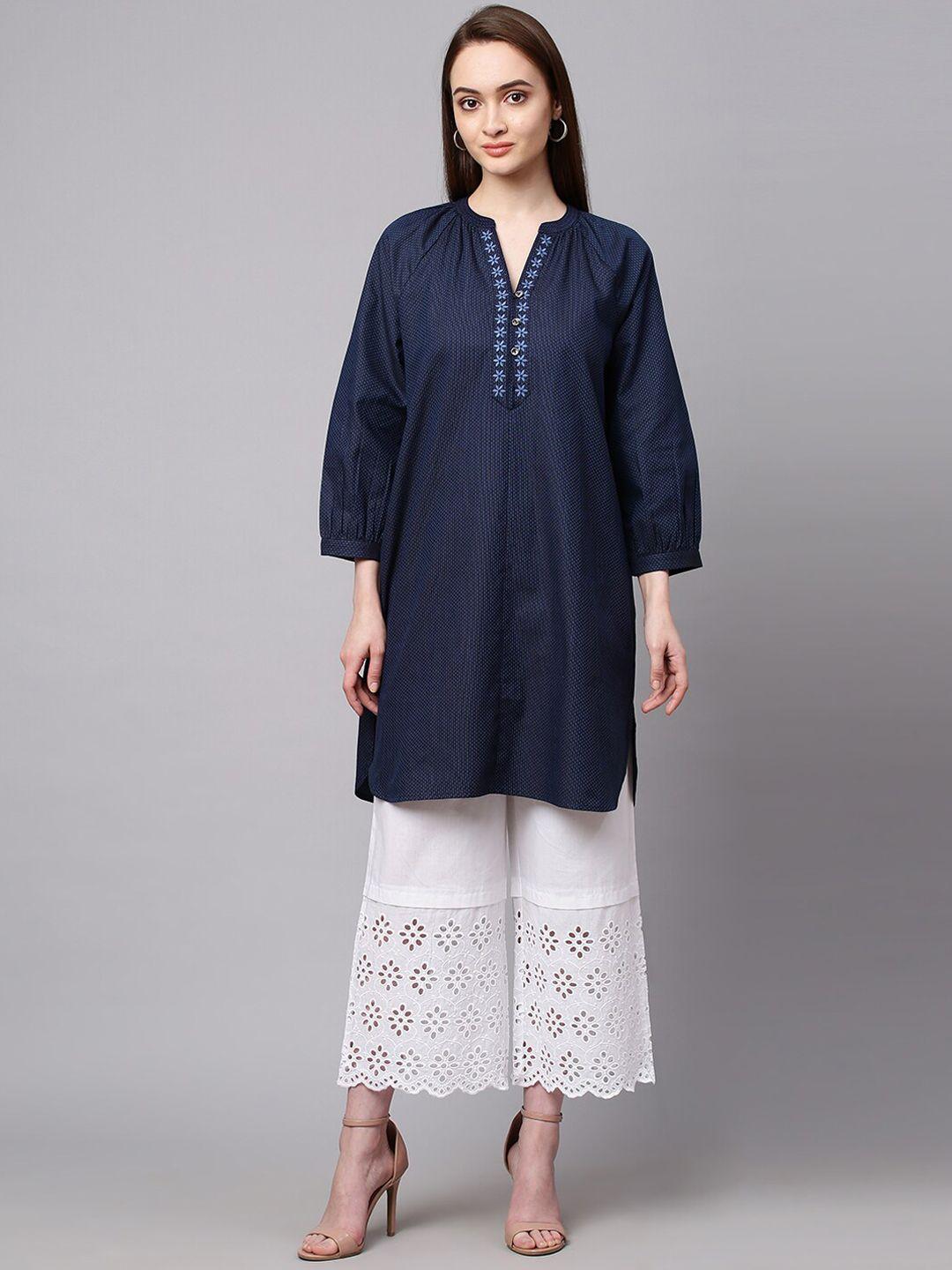 modern indian by chemistry women navy blue embroidered pure cotton kurti with palazzo