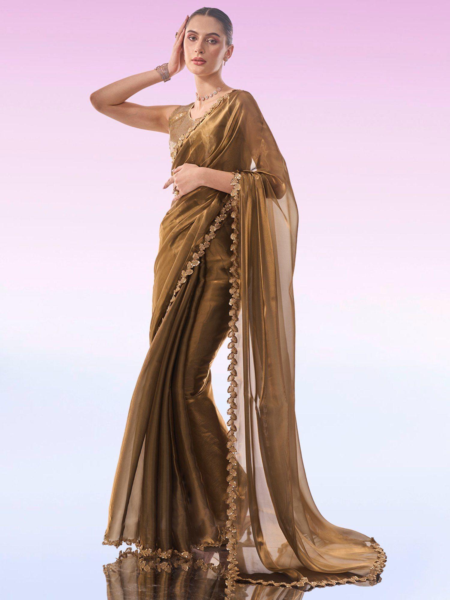 modern metallic gold tone with leaf sequined border organza bronze saree & blouse pc.