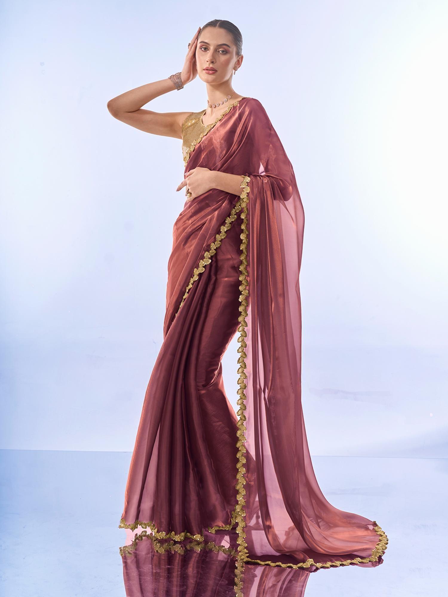 modern metallic pink tone with leaf sequined border organza bronze saree and unstitched blouse