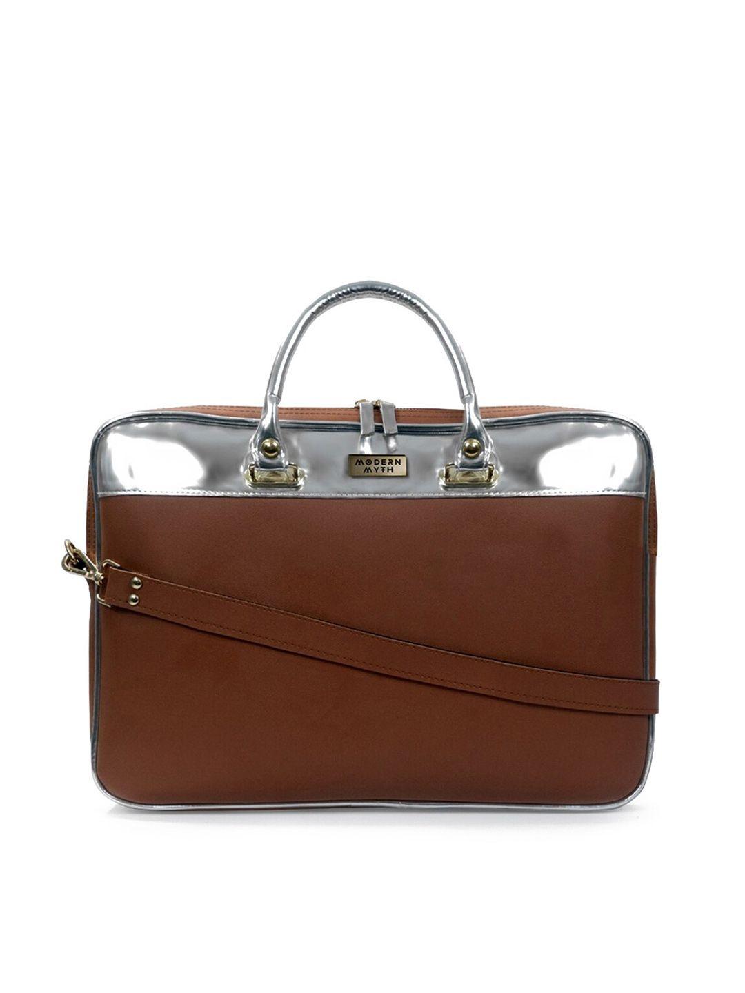 modern myth women hella fine brown & silver-toned colourblocked laptop bag