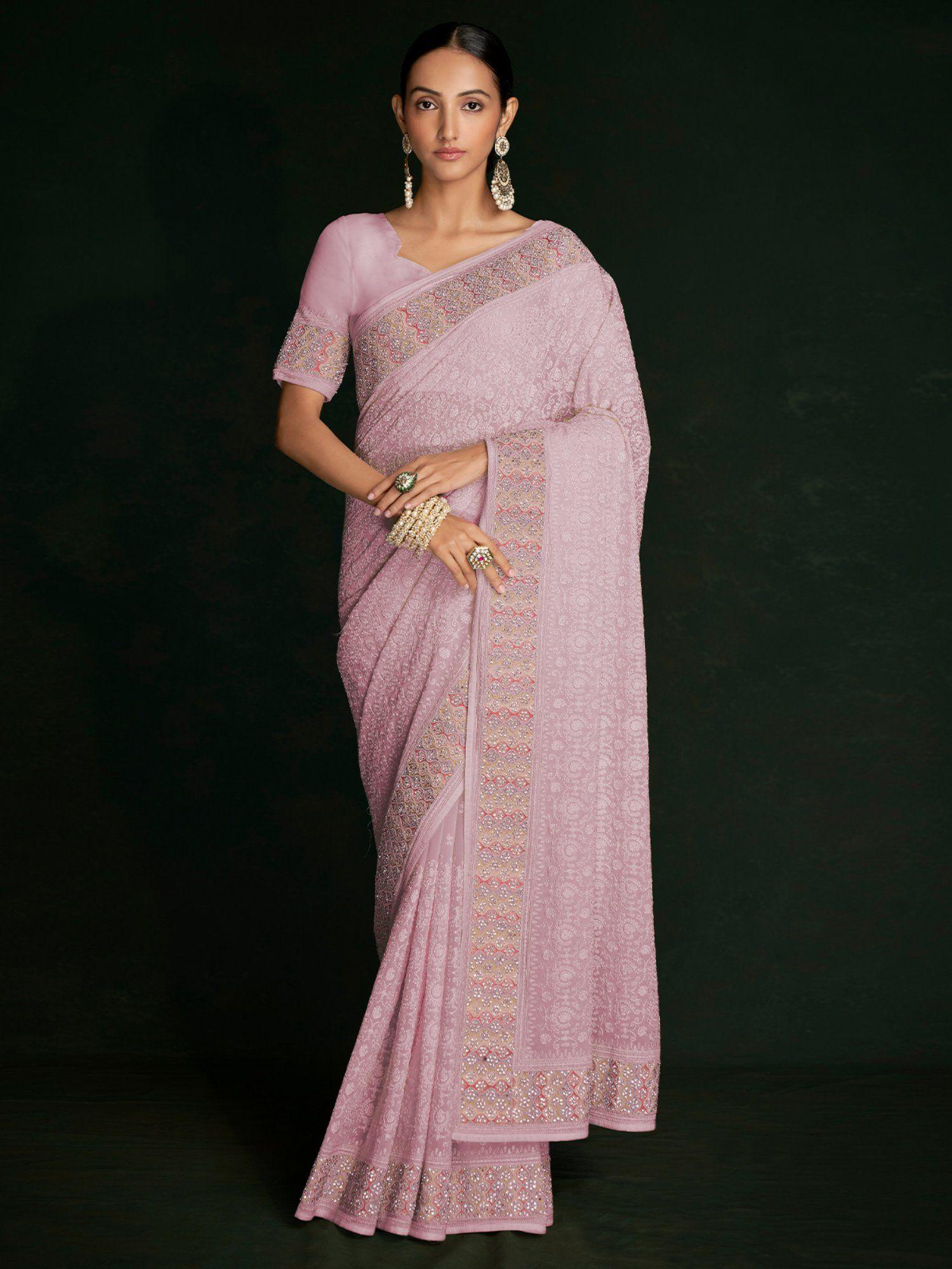 modern pink georgette embroidered saree with unstitched blouse