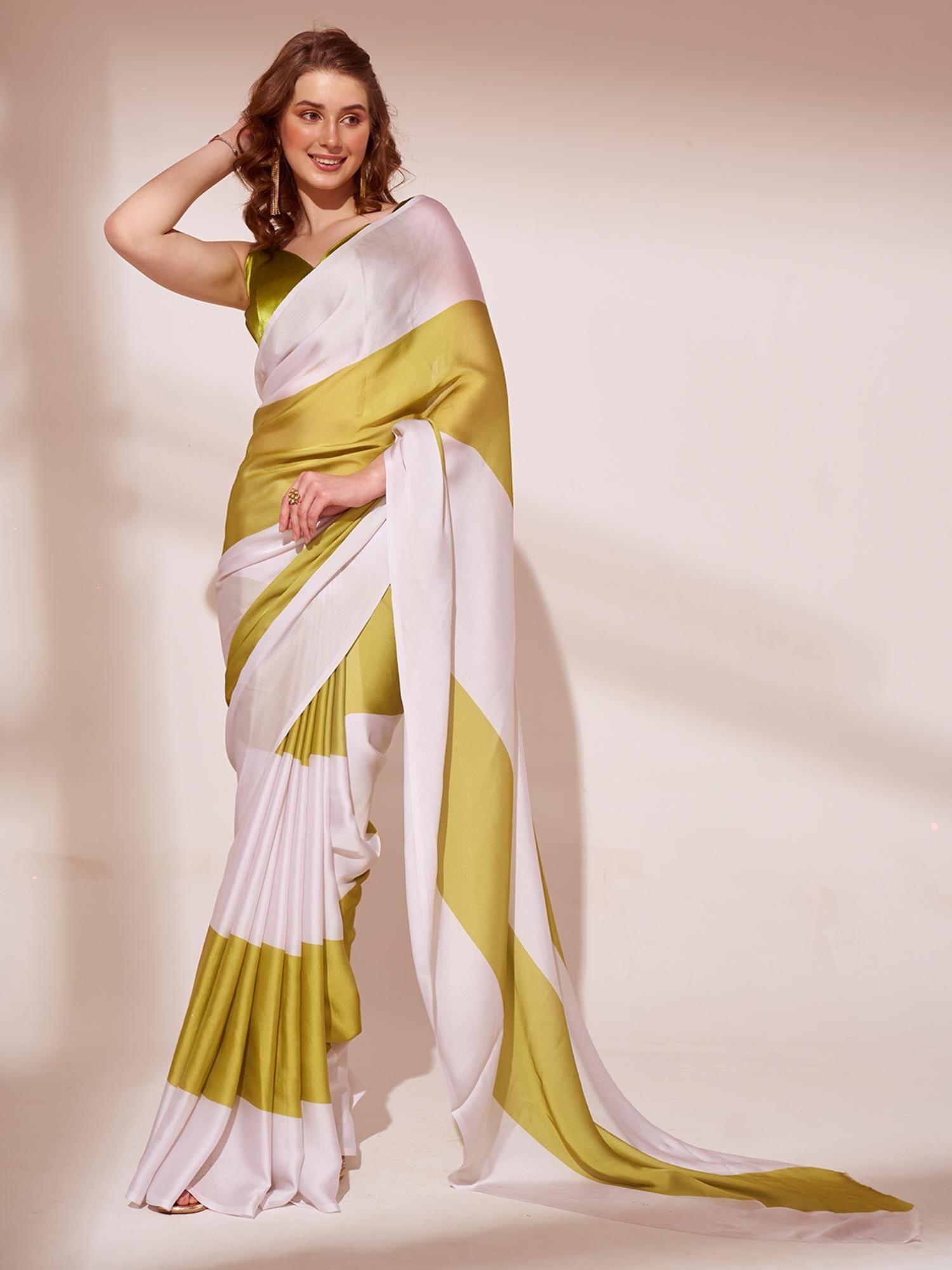 modern ready to wear color block soft satin green white saree with unstitched blouse