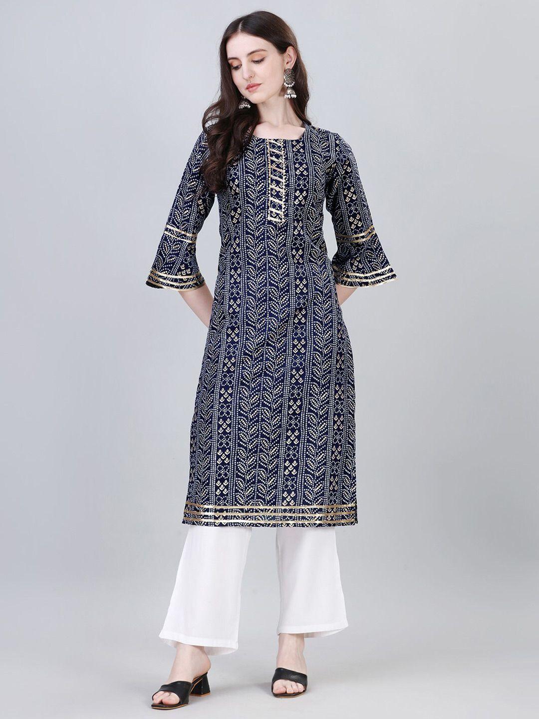 modestouze attires bandhani foil printed bell sleeves straight kurta