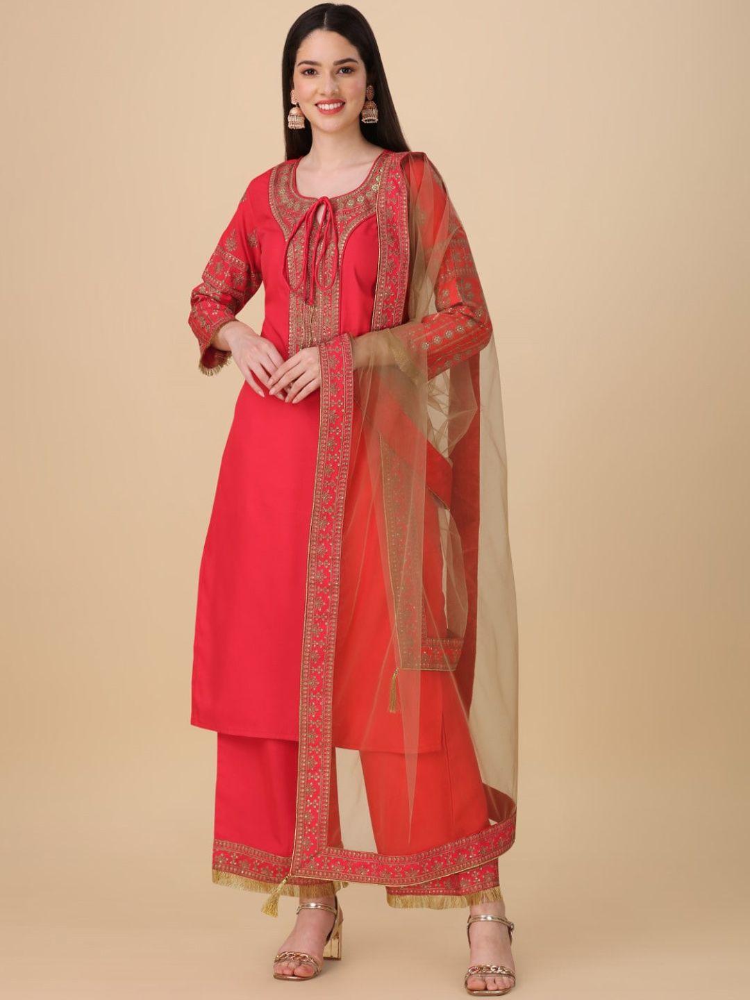 modestouze attires ethnic motifs embroidered pure silk kurta & trousers with dupatta