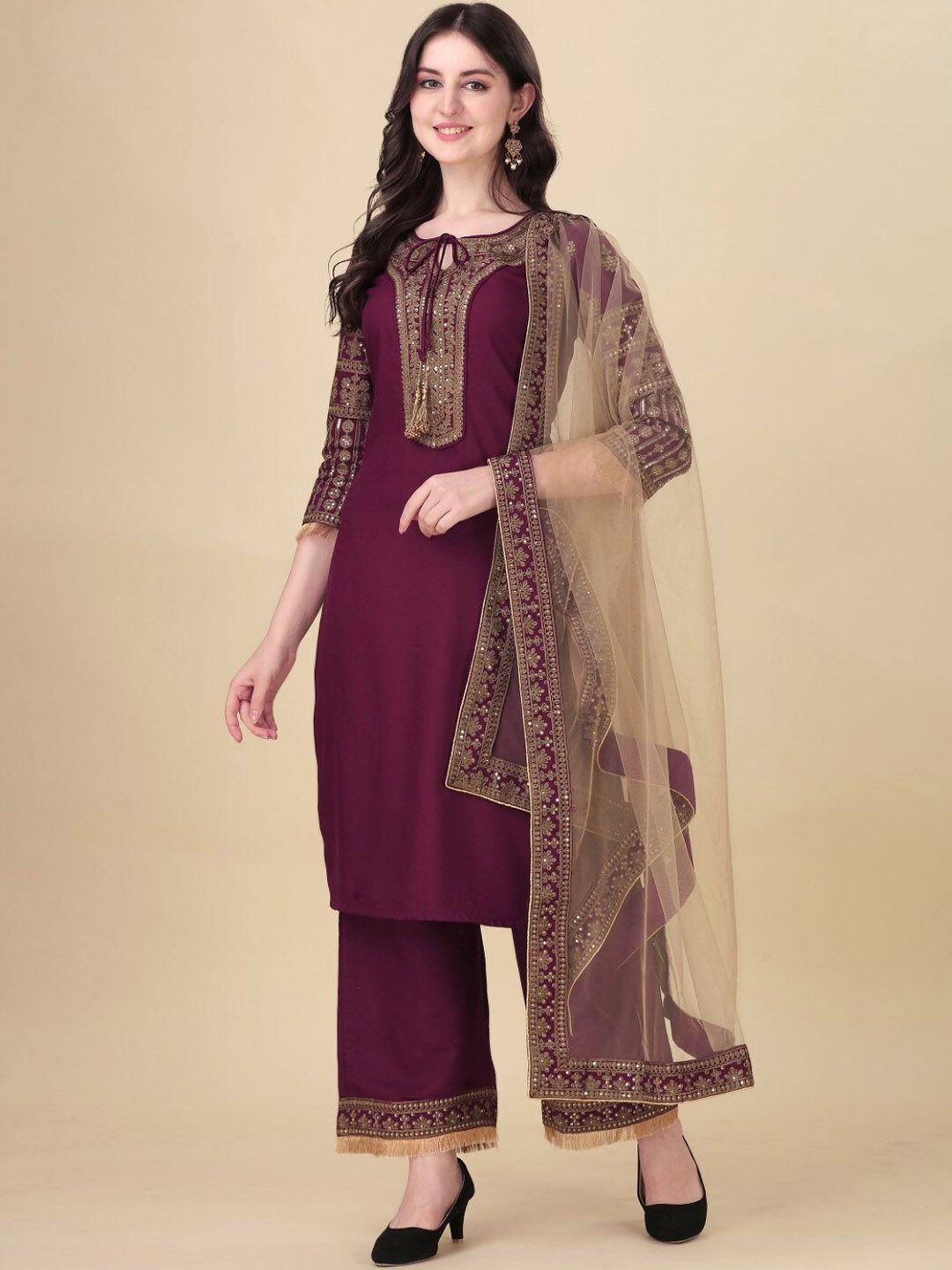 modestouze attires ethnic motifs embroidered straight kurta & palazzos with dupatta