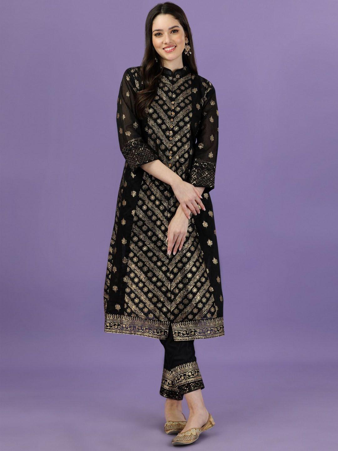 modestouze attires ethnic motifs printed sequinned pure cotton a-line kurta with trousers