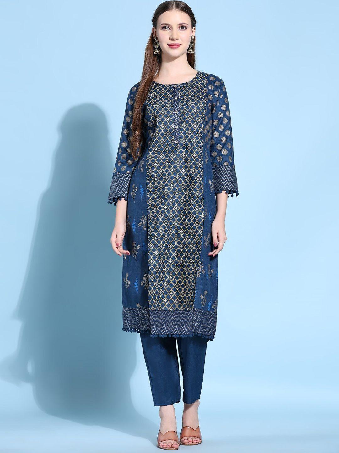 modestouze attires ethnic motifs printed thread work kurta with trousers