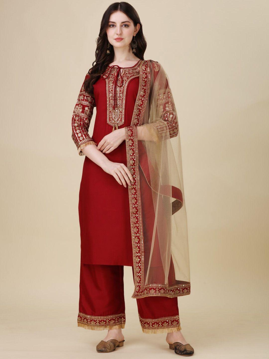 modestouze attires ethnic motifs yoke design sequinned kurta with palazzos & dupatta