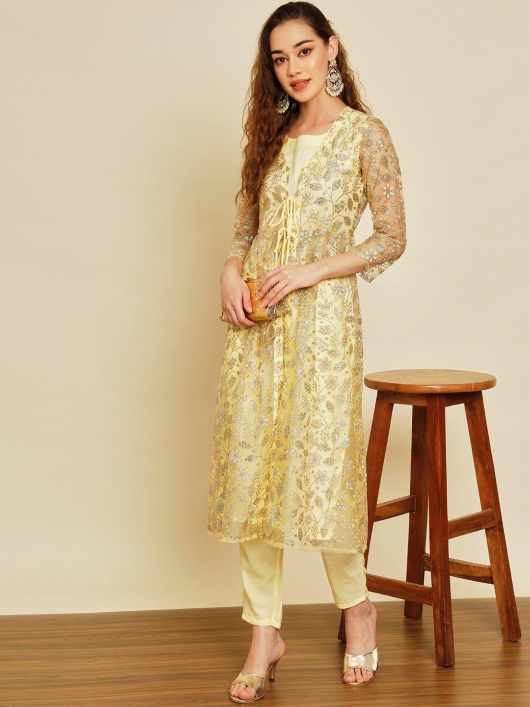 modestouze attires floral embroidered pure silk a-line kurta with trousers