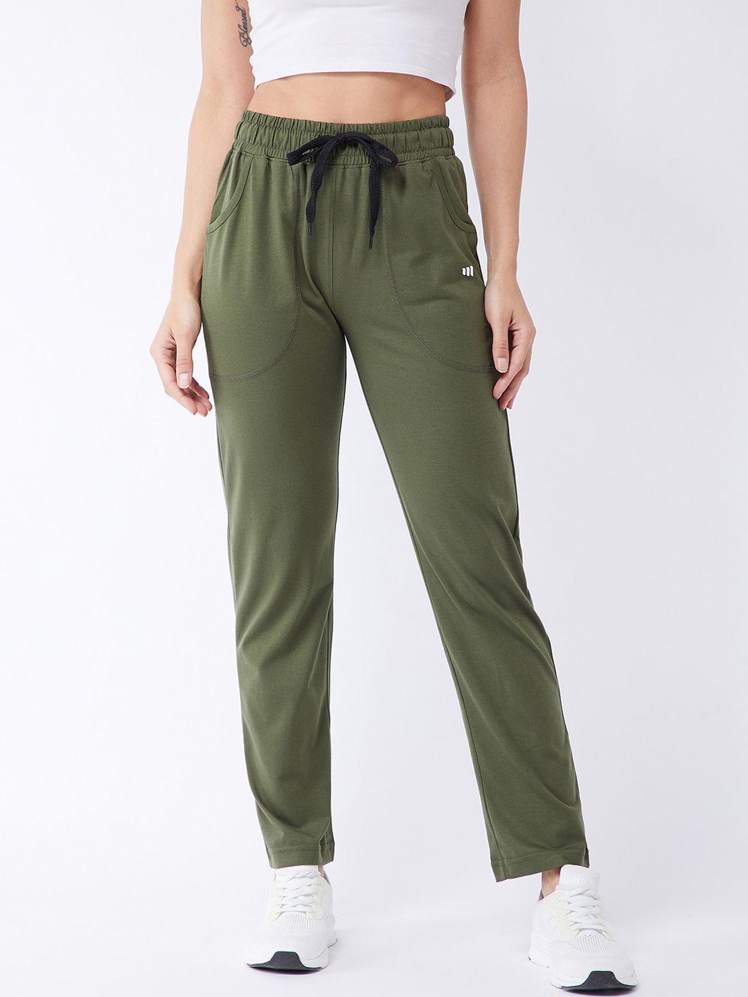 modeve women olive-green solid cotton track pants