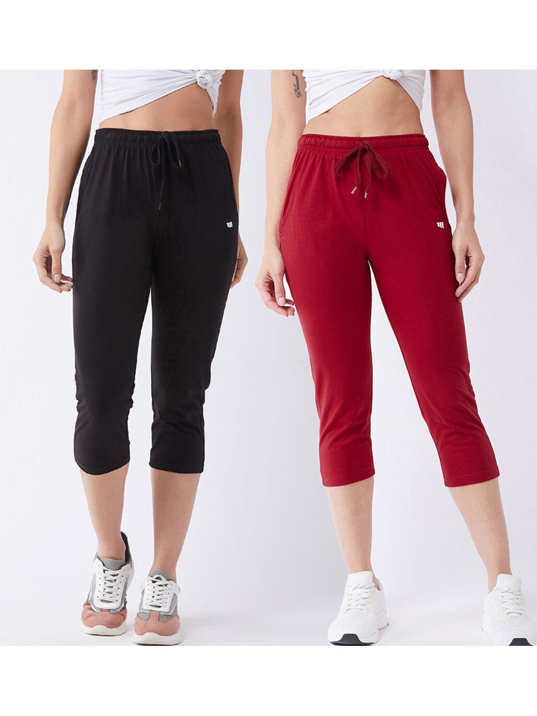 modeve women pack of 2 red & black solid solid mid-rise capris