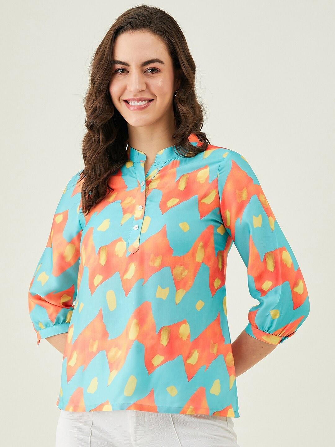modeve abstract printed mandarin collar shirt style top