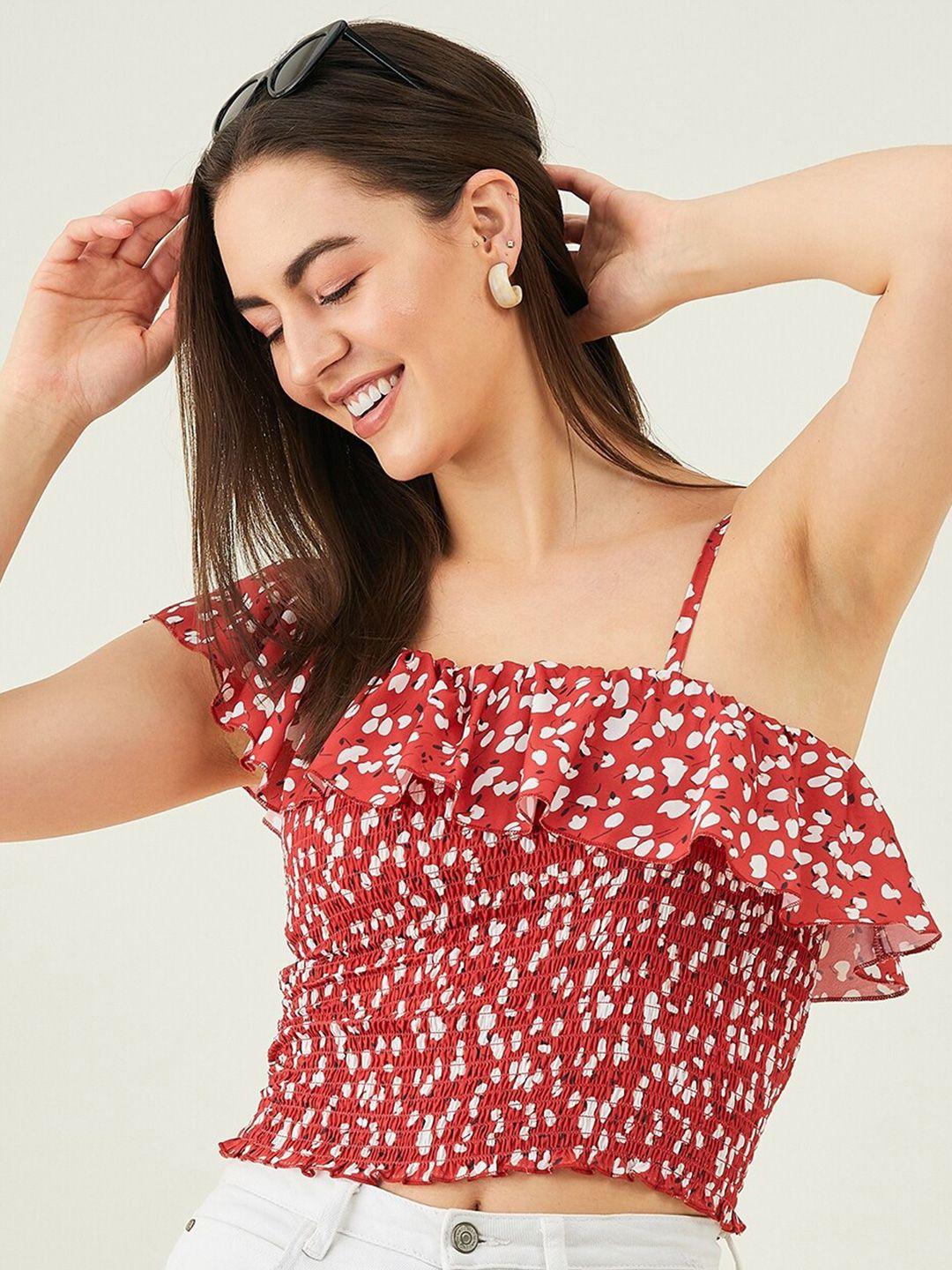 modeve abstract printed one shoulder ruffled smocked fitted crop top