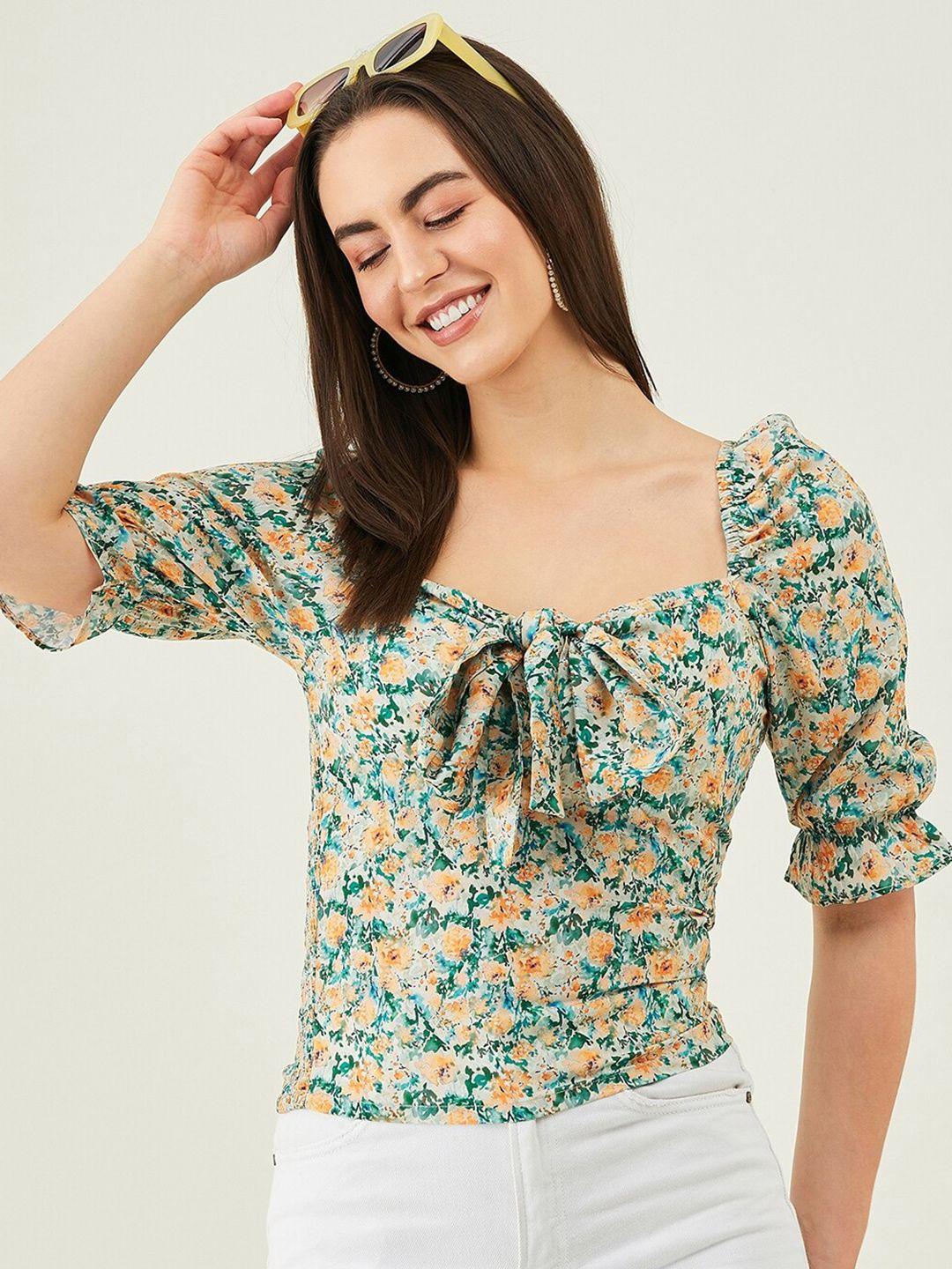 modeve floral print tie-up neck puff sleeve top