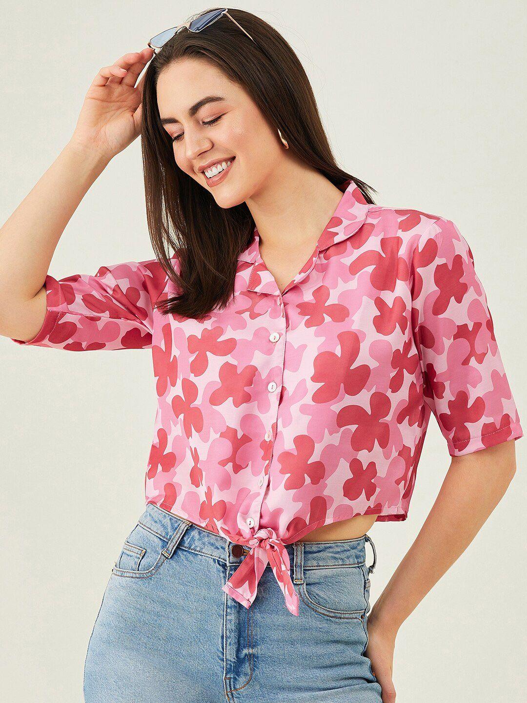 modeve floral printed front knot shirt style crop top