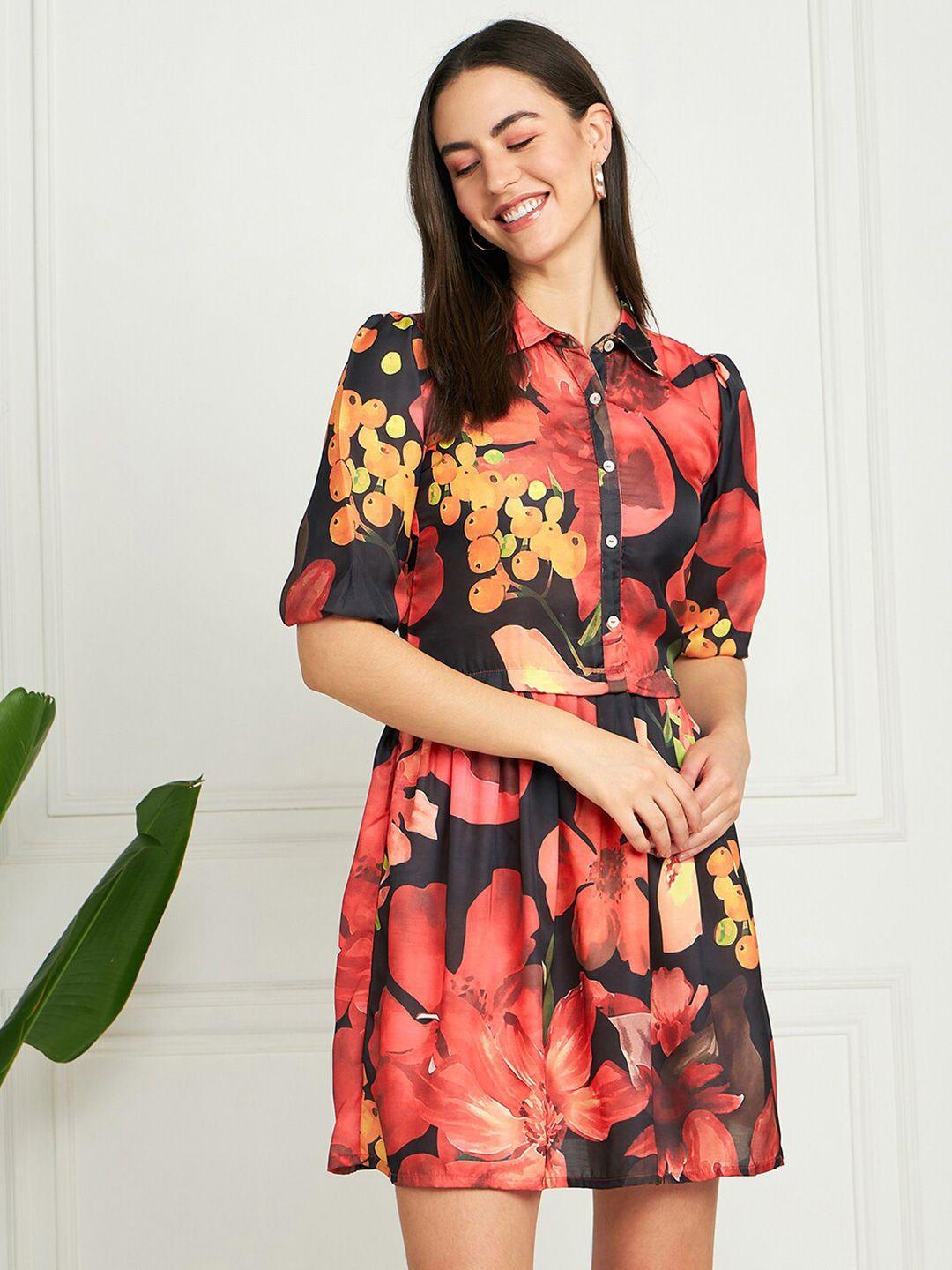 modeve floral printed shirt collar fit & flare dress