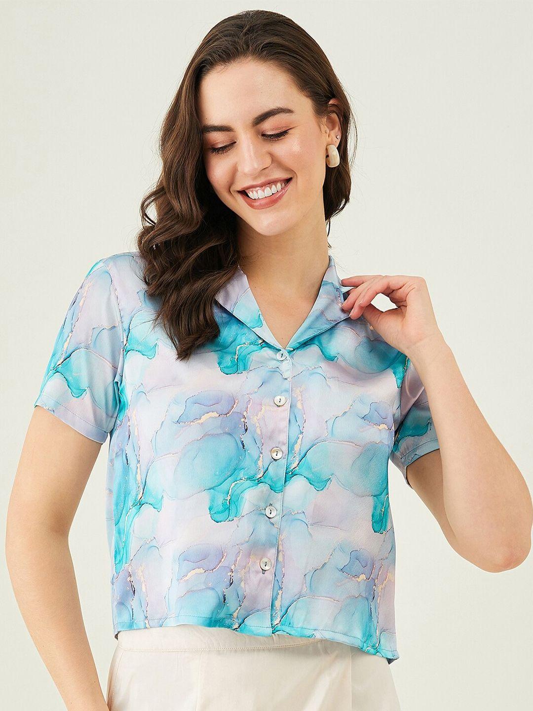 modeve floral printed shirt collar satin crop shirt style top