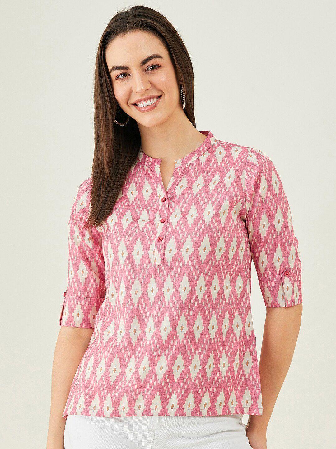 modeve geometric printed mandarin collar roll-up sleeves shirt style top