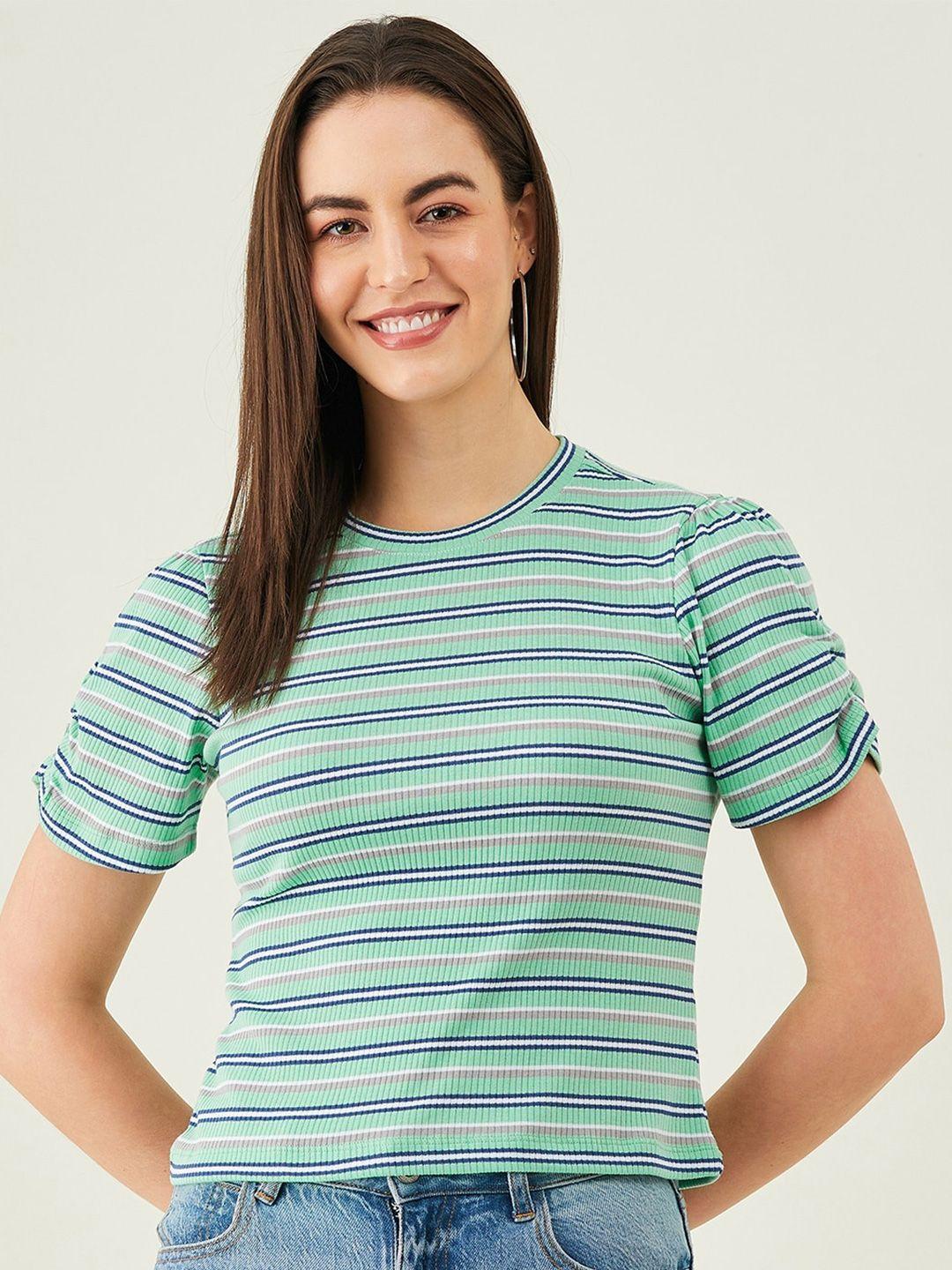 modeve green striped roll-up sleeves top