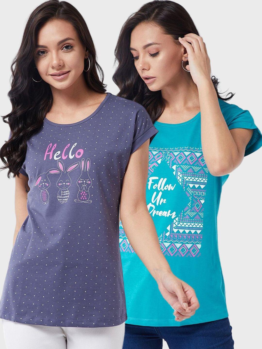 modeve women blue typography 2 printed cotton t-shirts