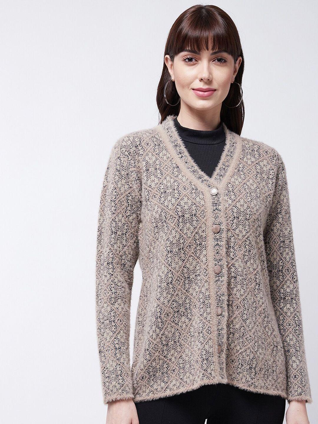 modeve women brown self design cardigan