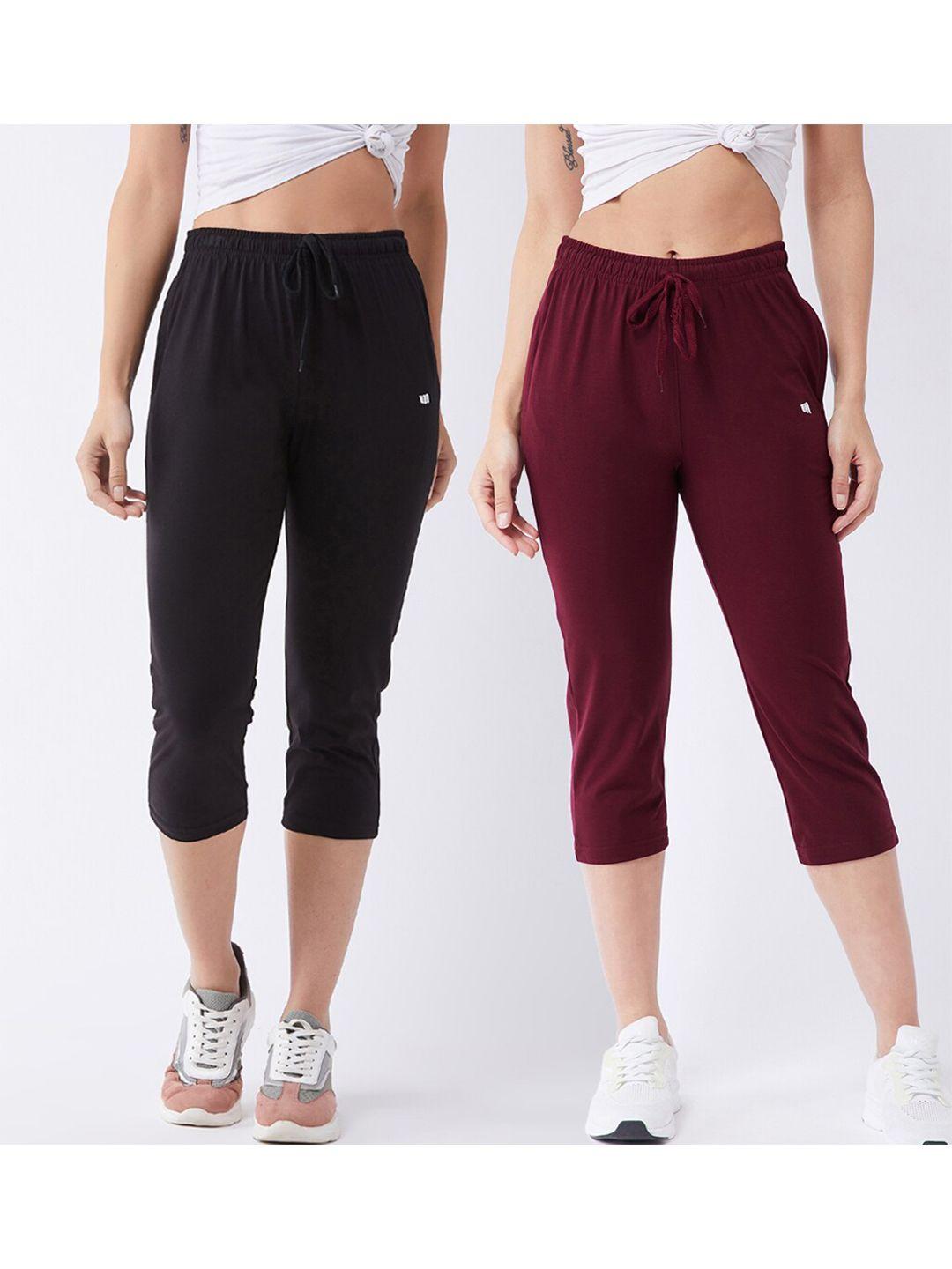 modeve women burgundy & black solid set of 2 regular fit capris