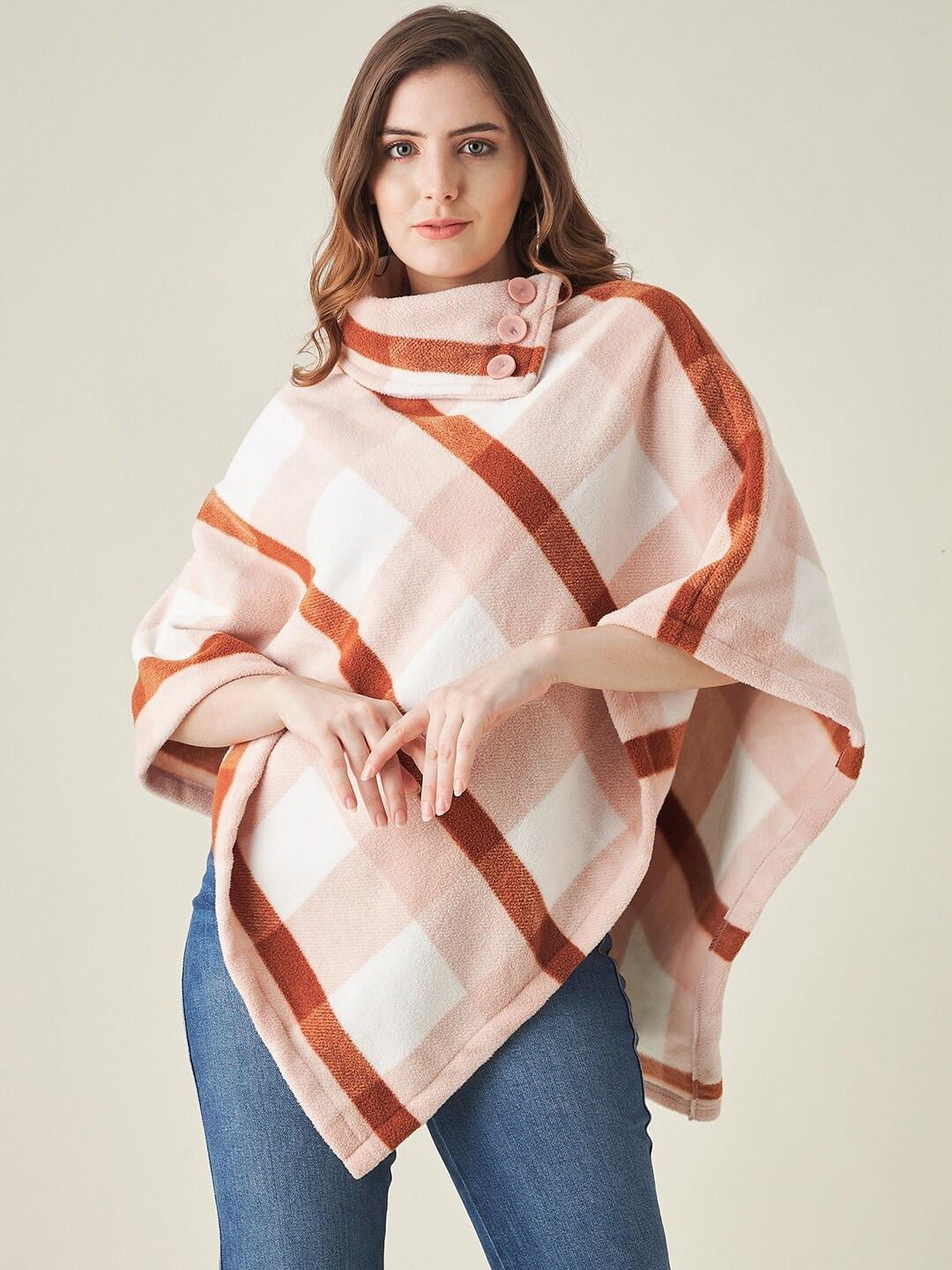 modeve women coffee brown & white checked acrylic poncho